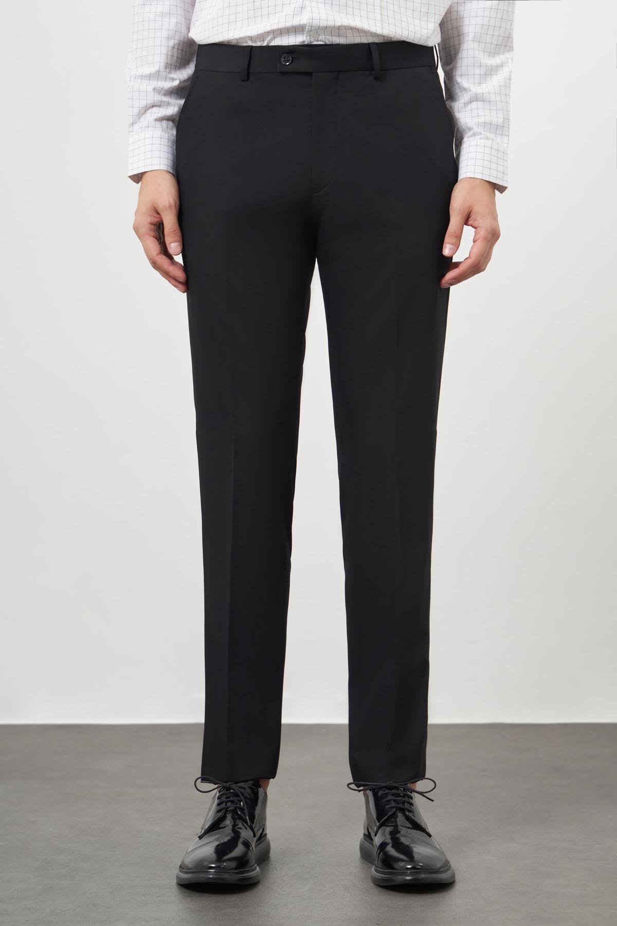 Morven Erkek Siyah Poliviskon Basic Düz Desen Slim Fit Classic Pantolon