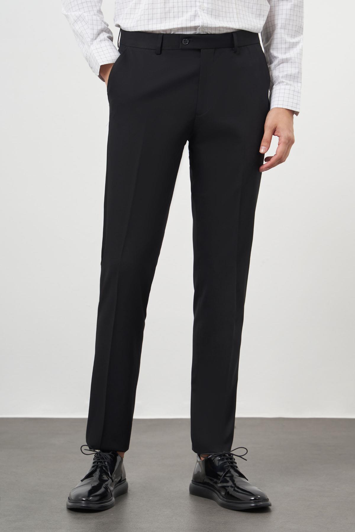 Morven Erkek Siyah Poliviskon Basic Düz Desen Slim Fit Classic Pantolon