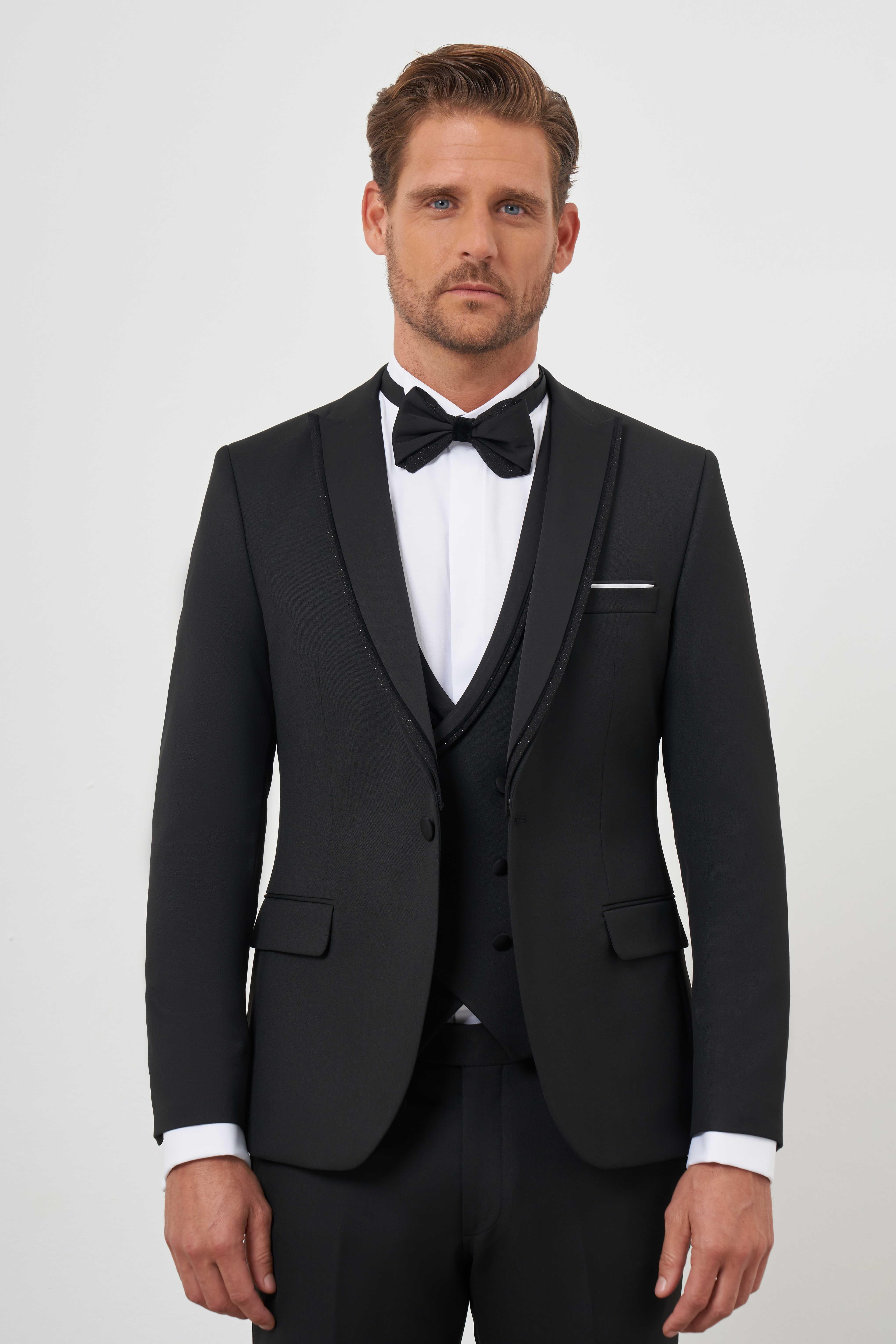 Morven Erkek Siyah Poliviskon Ceramonia Düz Desen Slim Fit Sivri Çıkma Yaka Damatlık