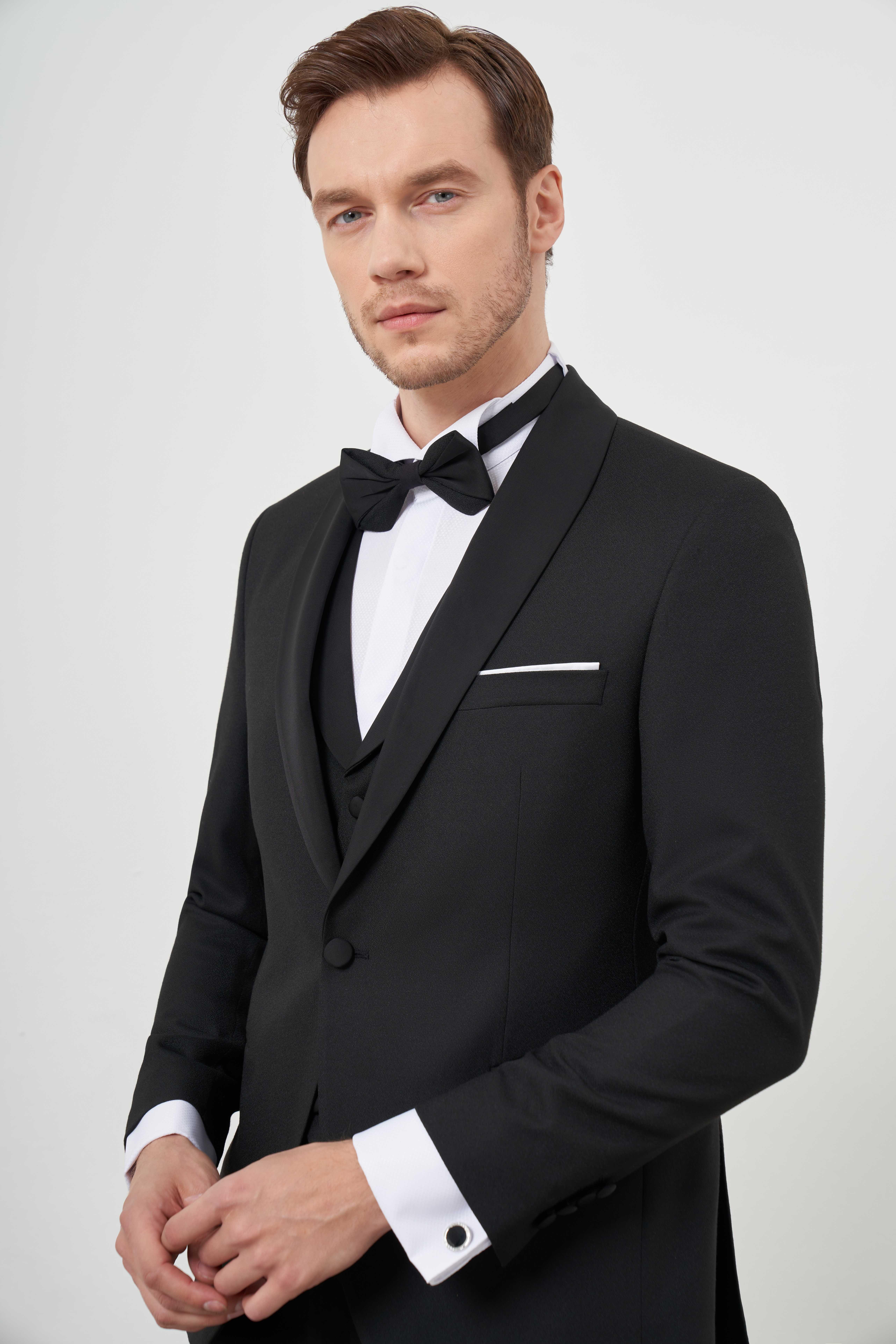 Morven Erkek Siyah Poliviskon Ceromonia Santorini Slim Fit Şal Yaka Damatlık