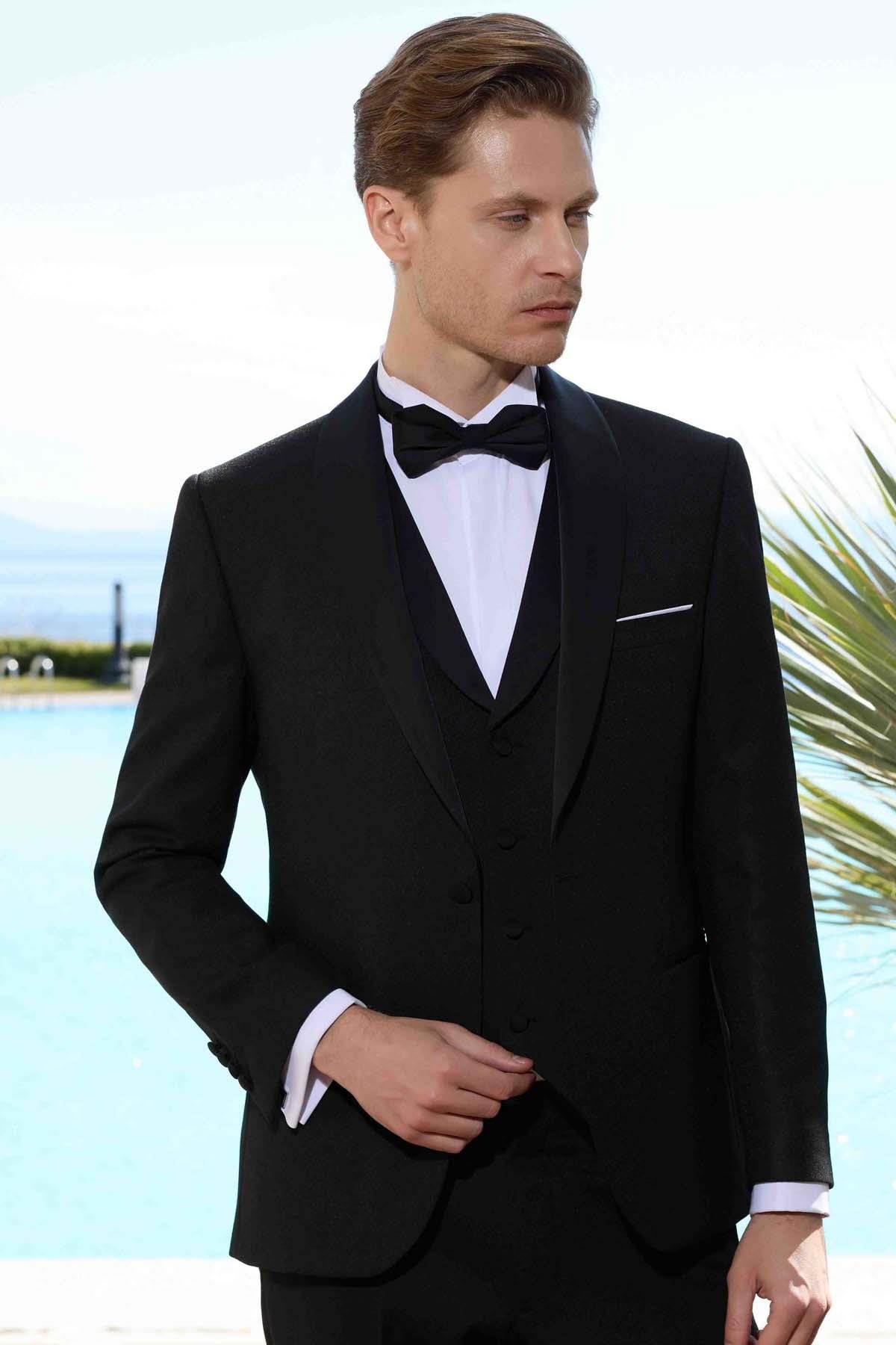 Morven Erkek Siyah Poliviskon Ceromonia Santorini Slim Fit Şal Yaka Damatlık