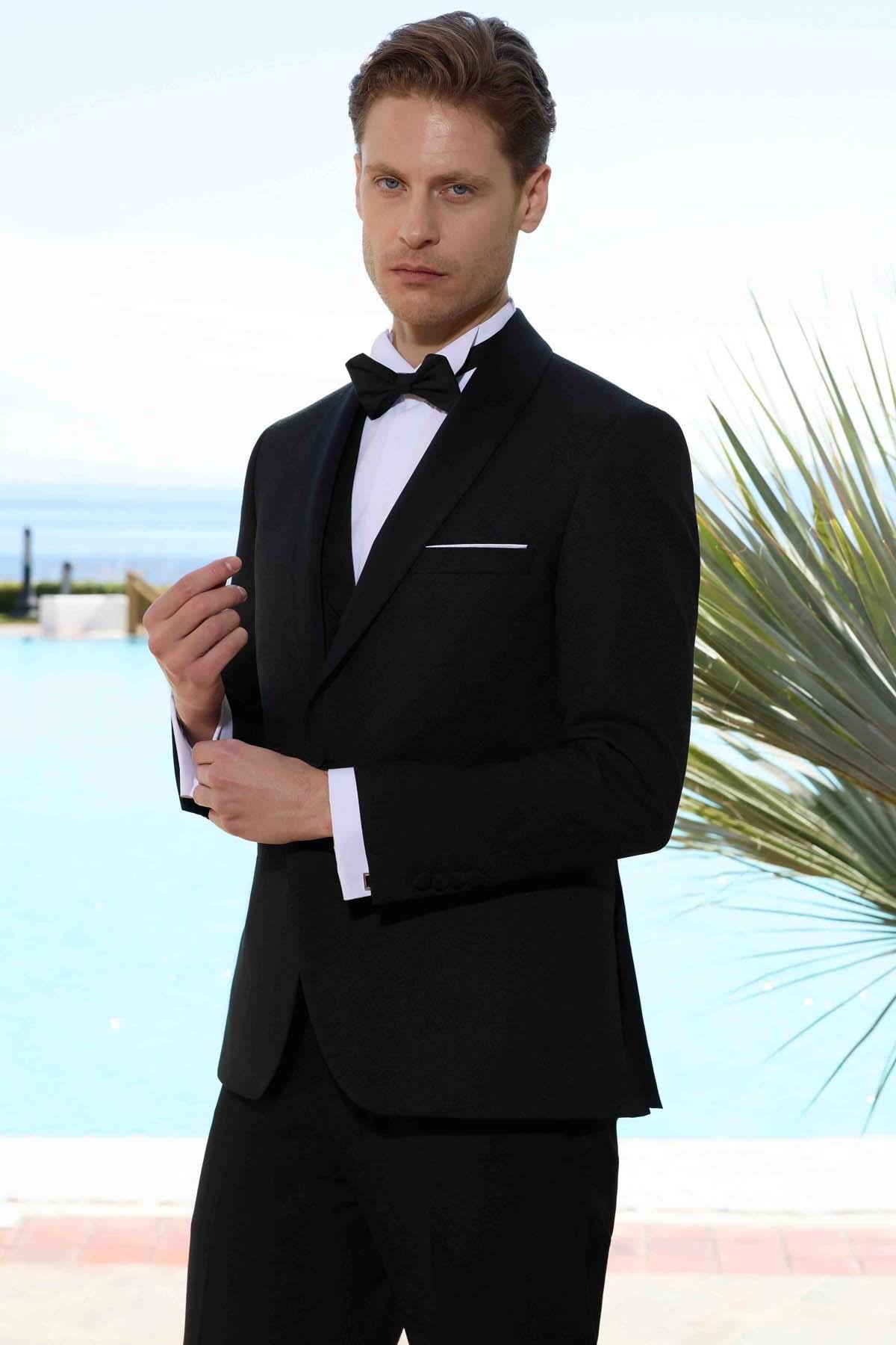 Morven Erkek Siyah Poliviskon Ceromonia Santorini Slim Fit Şal Yaka Damatlık