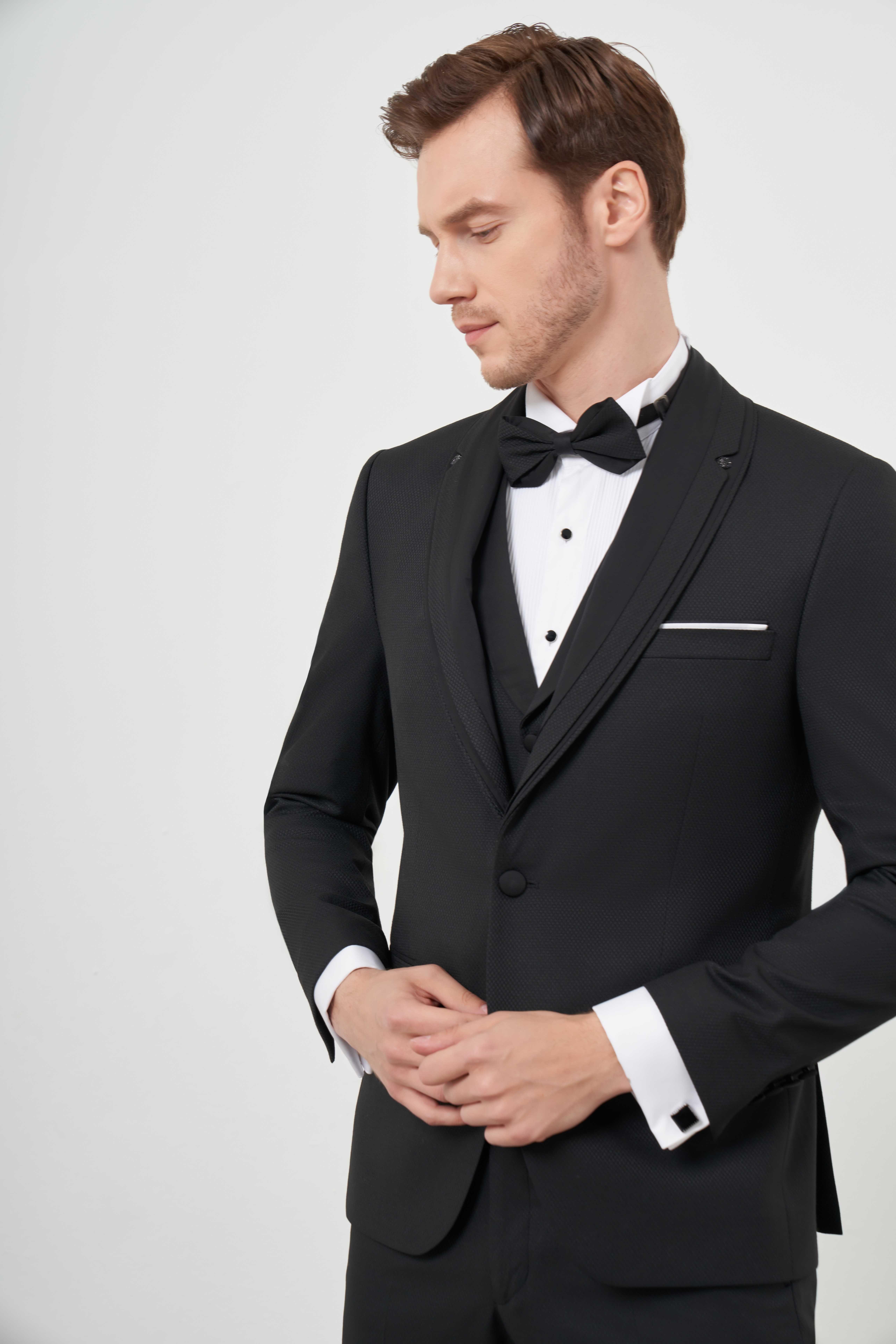 Morven Erkek Siyah Poliviskon Ceromonia Jakar Desen Slim Fit Şal Çıkma Yaka Damatlık