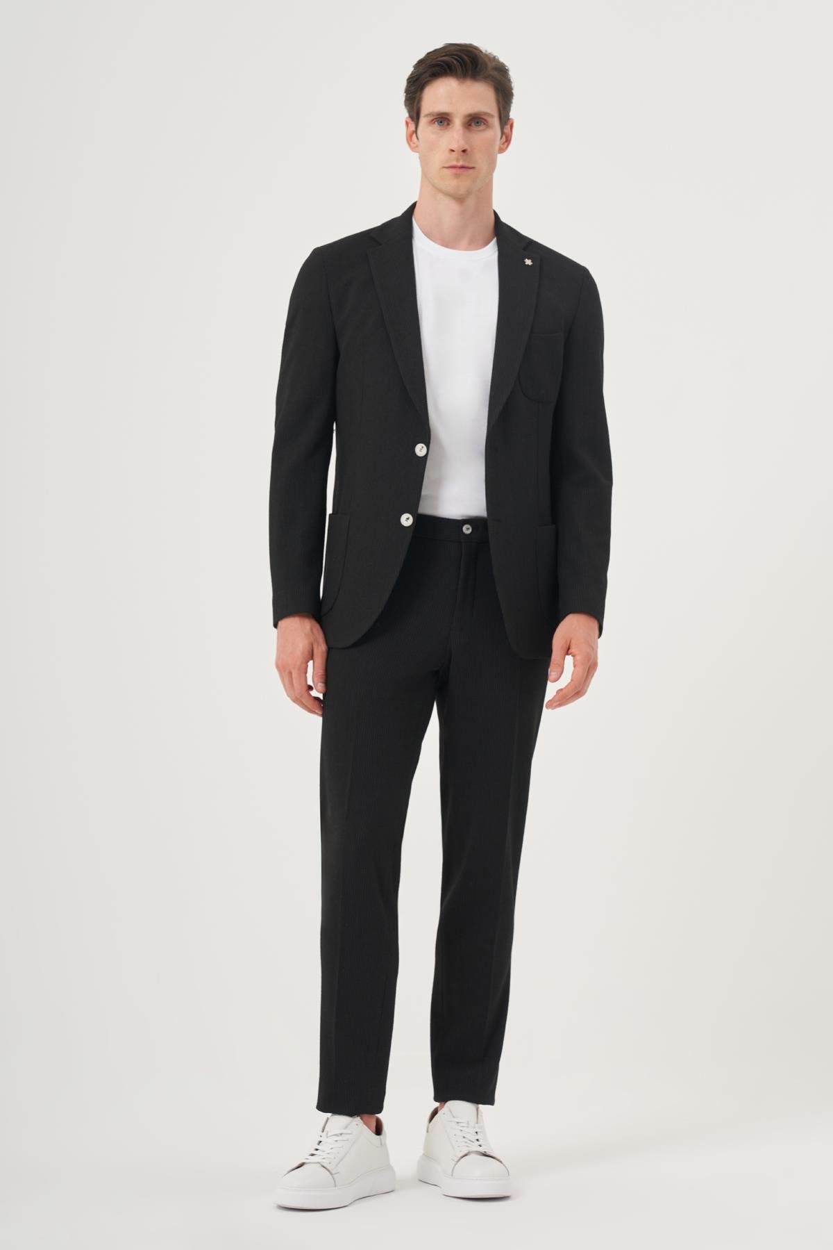 Morven Erkek Siyah Poliviskon Trend Çizgili Slim Fit Mono Yaka Takım Elbise