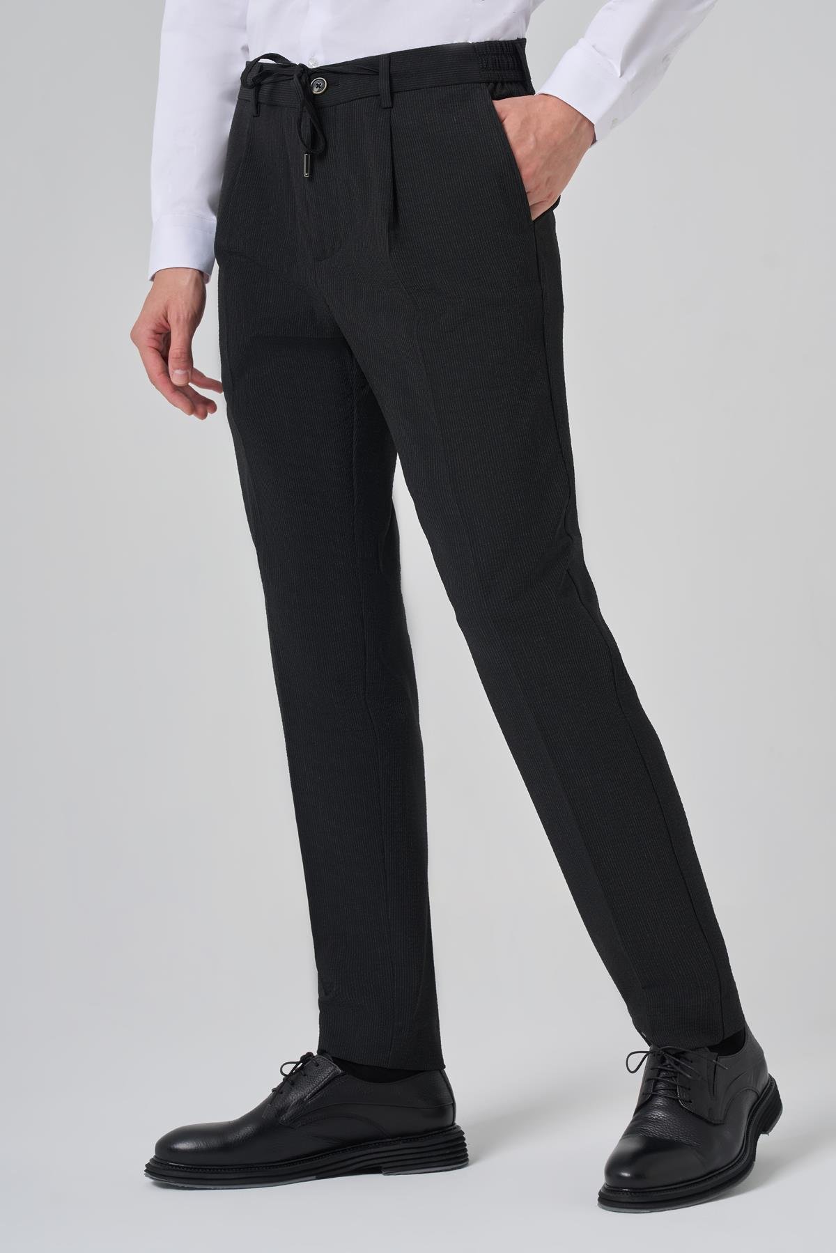 Morven Erkek Siyah Poliviskon Trend Çizgili Slim Fit Jogger Pantolon