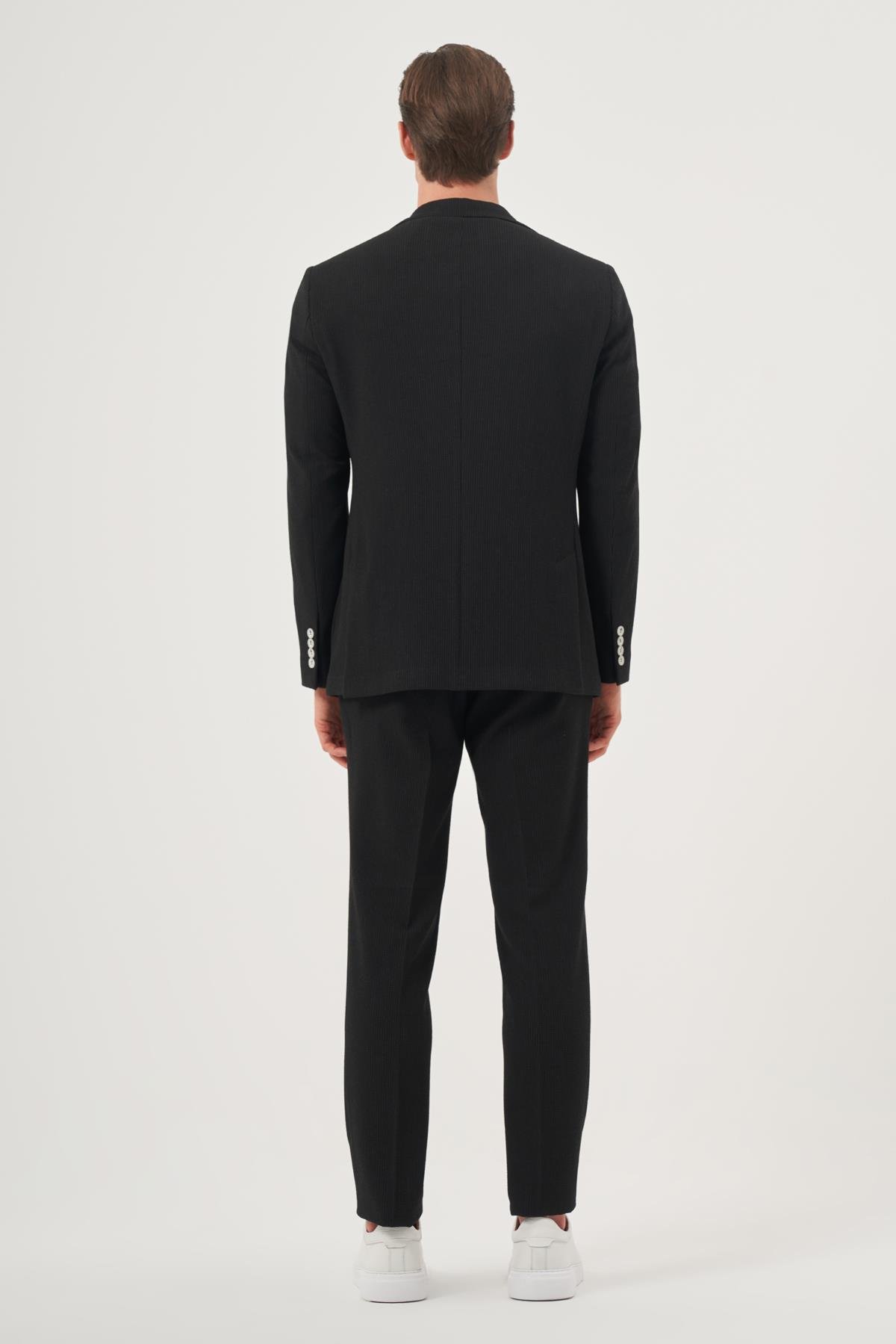 Morven Erkek Siyah Poliviskon Trend Çizgili Slim Fit Mono Yaka Takım Elbise