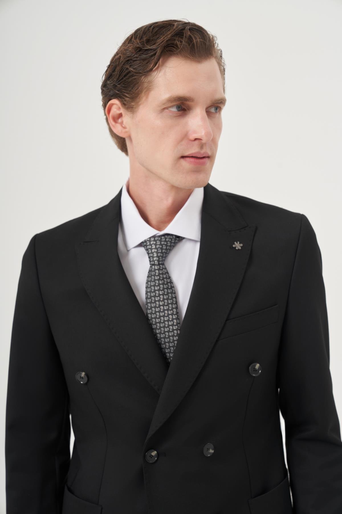 Morven Erkek Siyah Poliviskon Trend Düz Slim Fit Sivri Yaka Kruvaze Takım Elbise