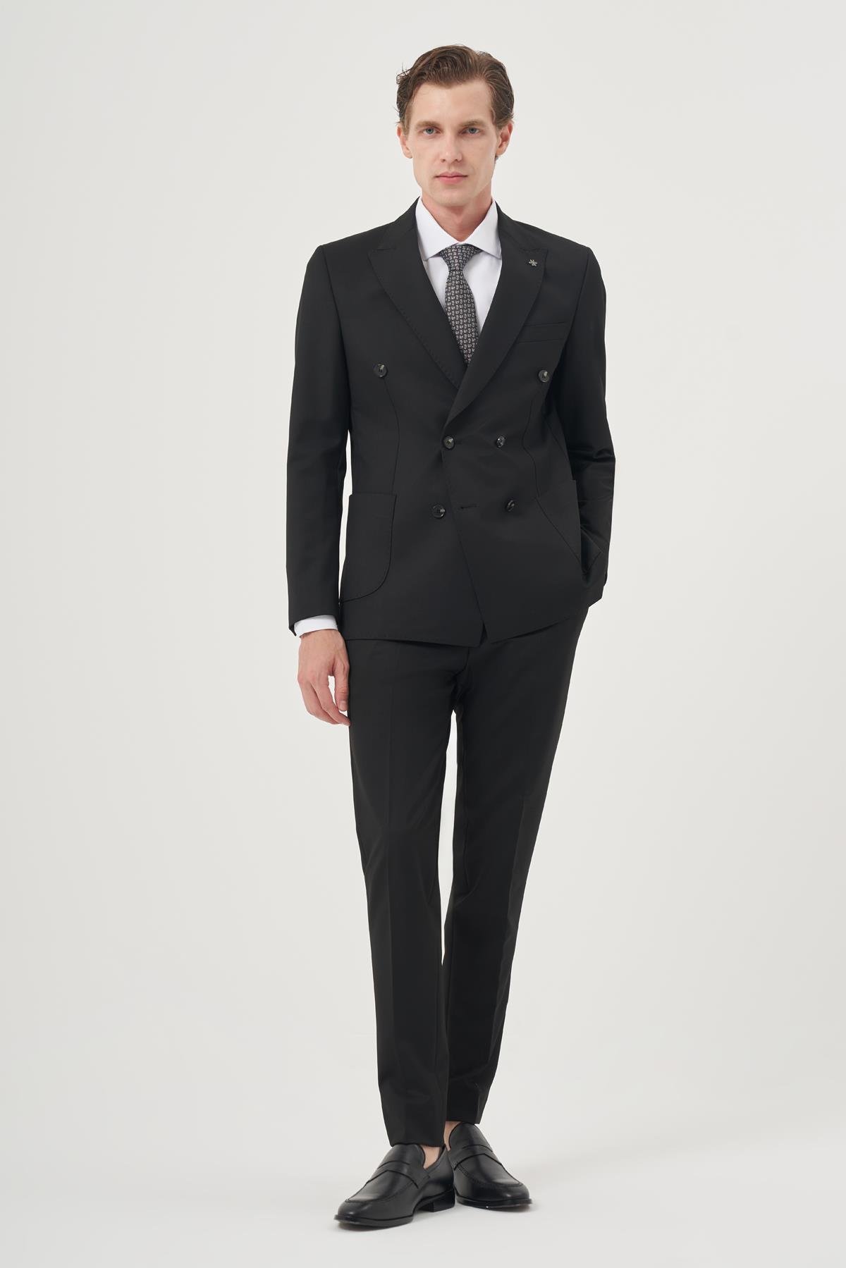 Morven Erkek Siyah Poliviskon Trend Düz Slim Fit Sivri Yaka Kruvaze Takım Elbise