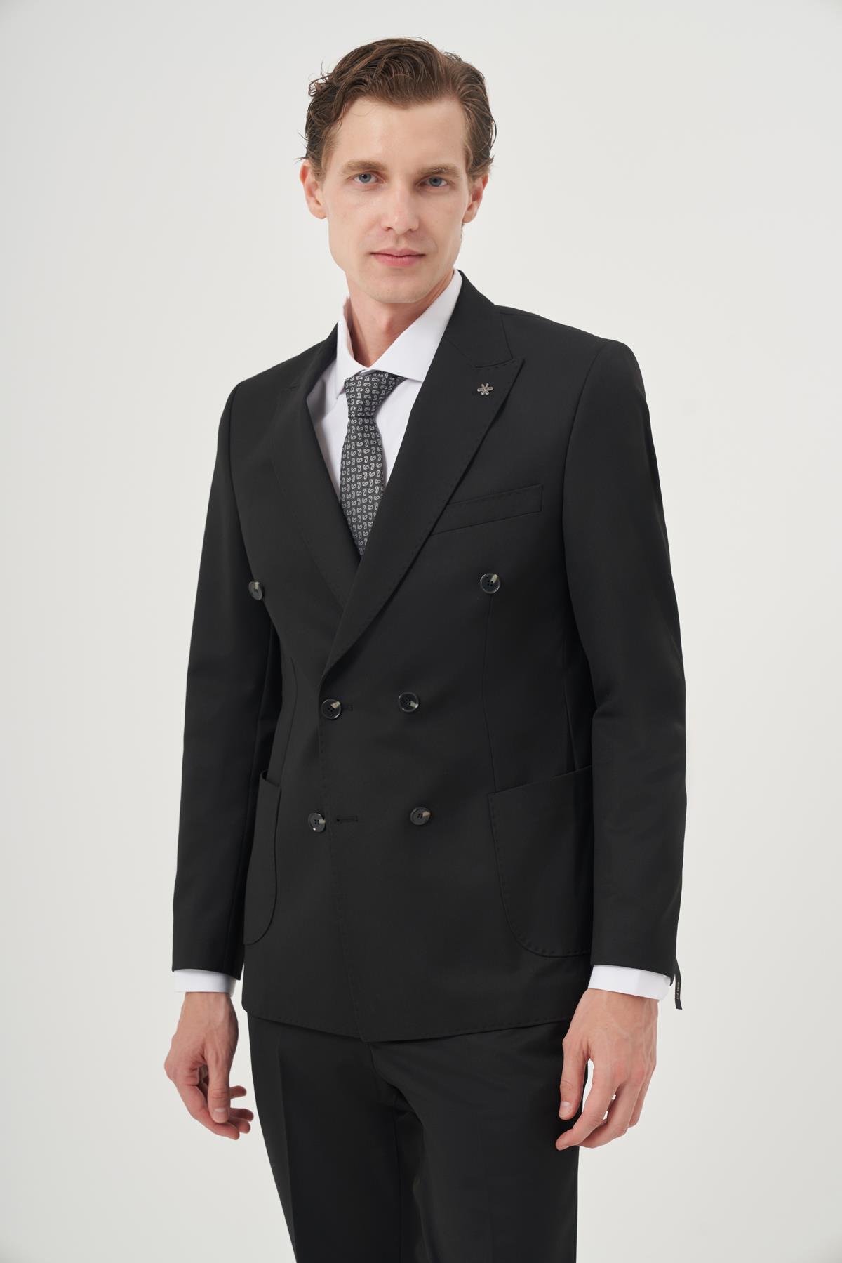 Morven Erkek Siyah Poliviskon Trend Düz Slim Fit Sivri Yaka Kruvaze Takım Elbise