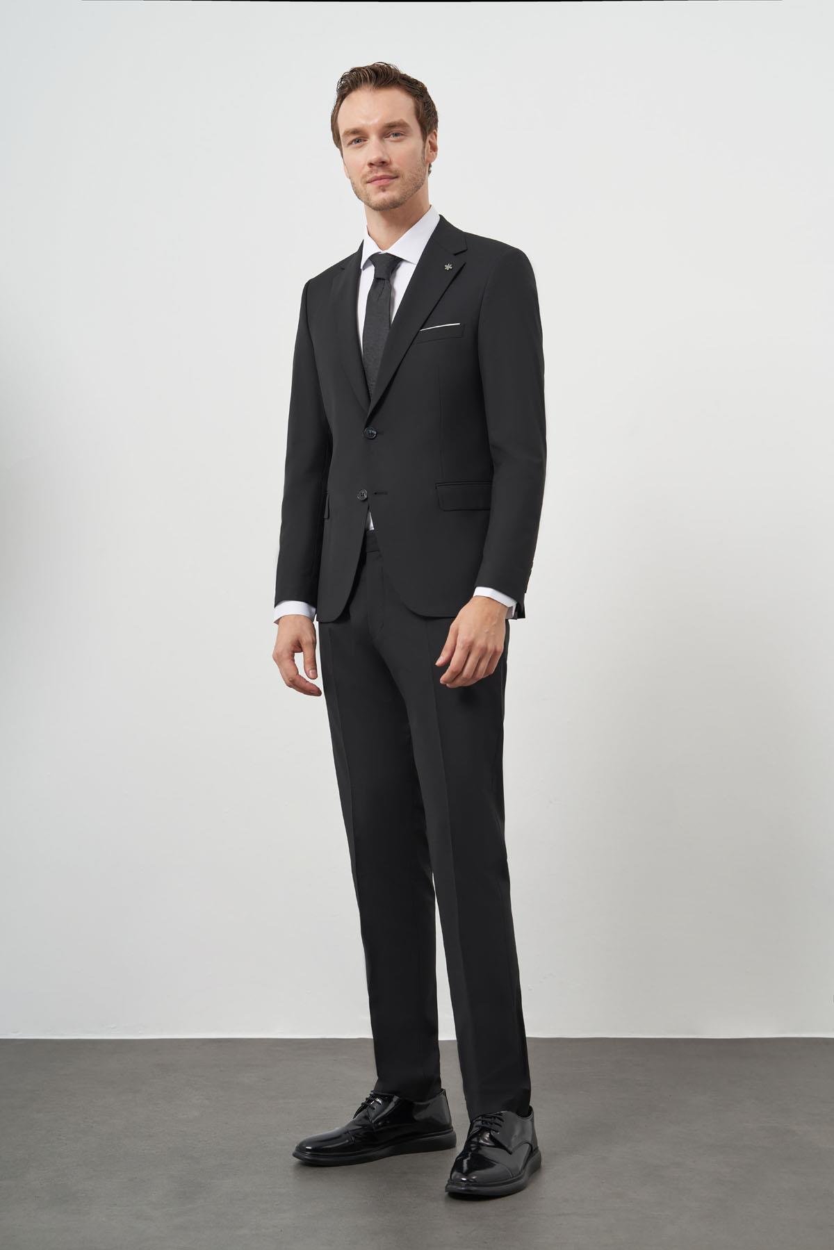 Morven Erkek Siyah Yünlü Slim Fit Mono Yaka Takım Elbise