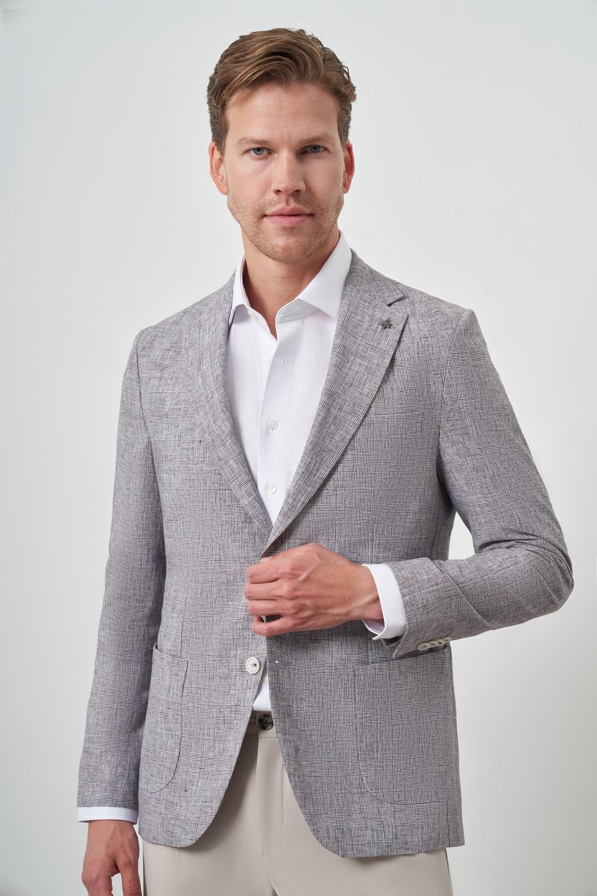 Morven Erkek Vişne Keten Dokuma  Slim Fit Mono Yaka Ceket