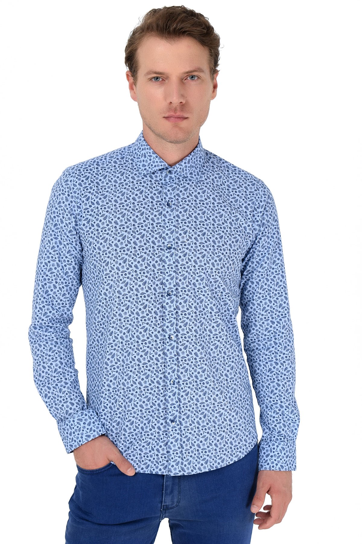 Panama Slim Fit Uzun Kol Gömlek Mavi