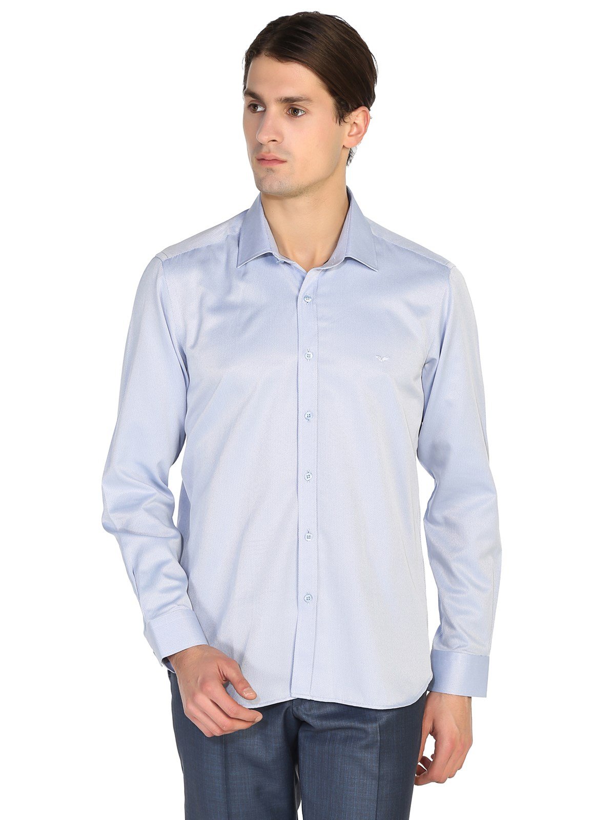 Slim Fit Jakarlı Uzun Kollu Gömlek Buz Mavisi
