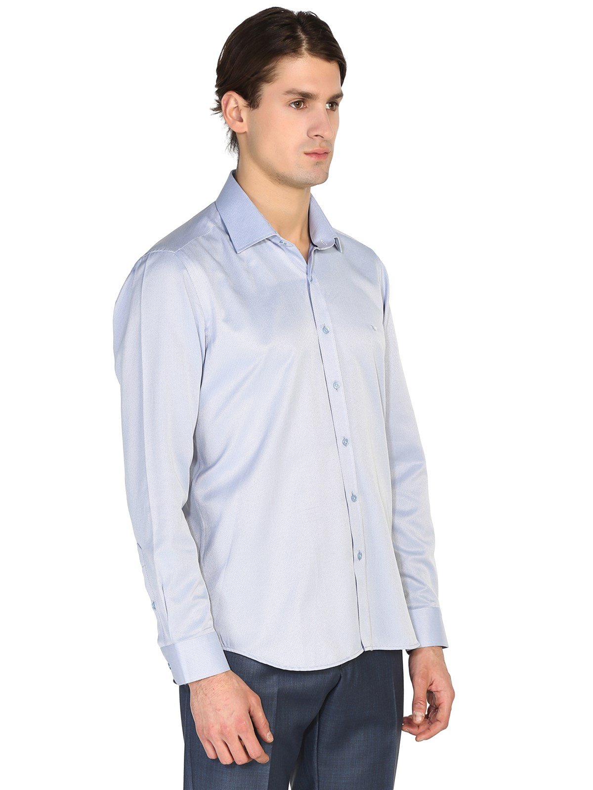 Slim Fit Jakarlı Uzun Kollu Gömlek Buz Mavisi