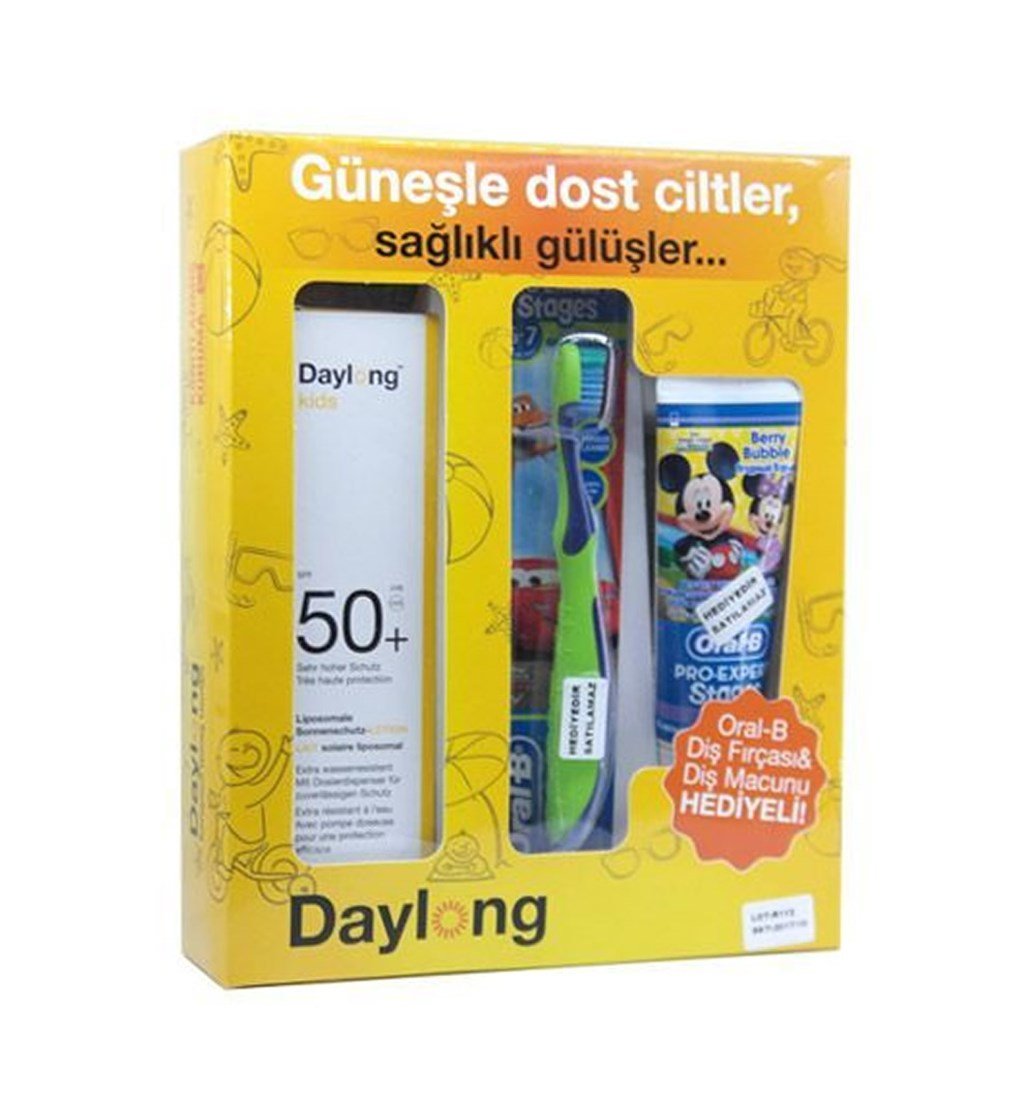 DAYLONG KİDS SPF50 GÜNEŞ LOSYONU 150ML + ORAL-B DİŞ FIRÇASI VE MACUNU HEDİYELİ