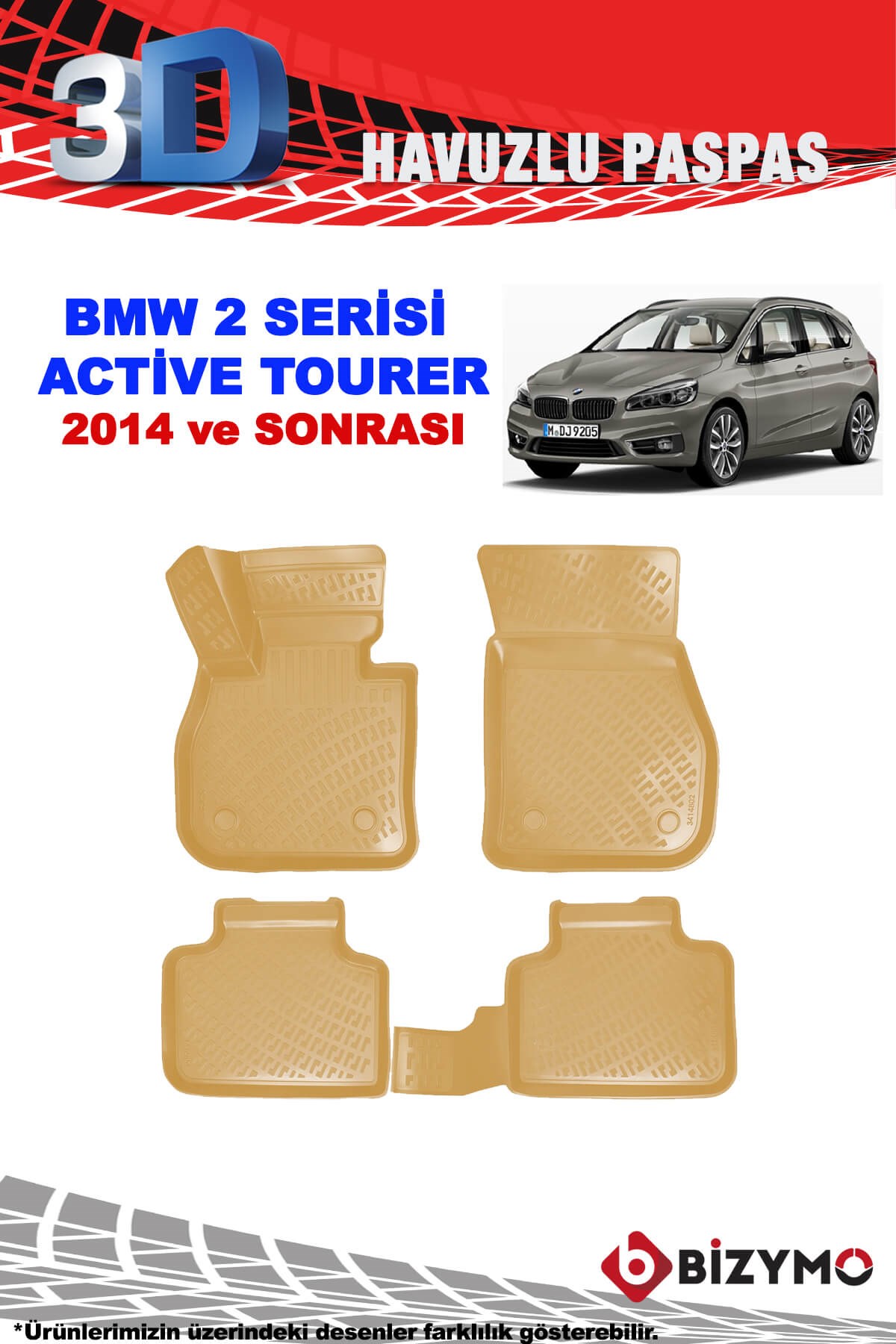 Bmw 2 Serisi Active Tourer 2014+ Bej 3D Havuzlu Paspas Bizymo