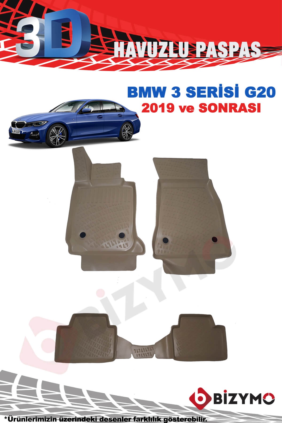 BMW 3 Serisi G20 2019+ Bej 3D Havuzlu Paspas Takımı Bizymo