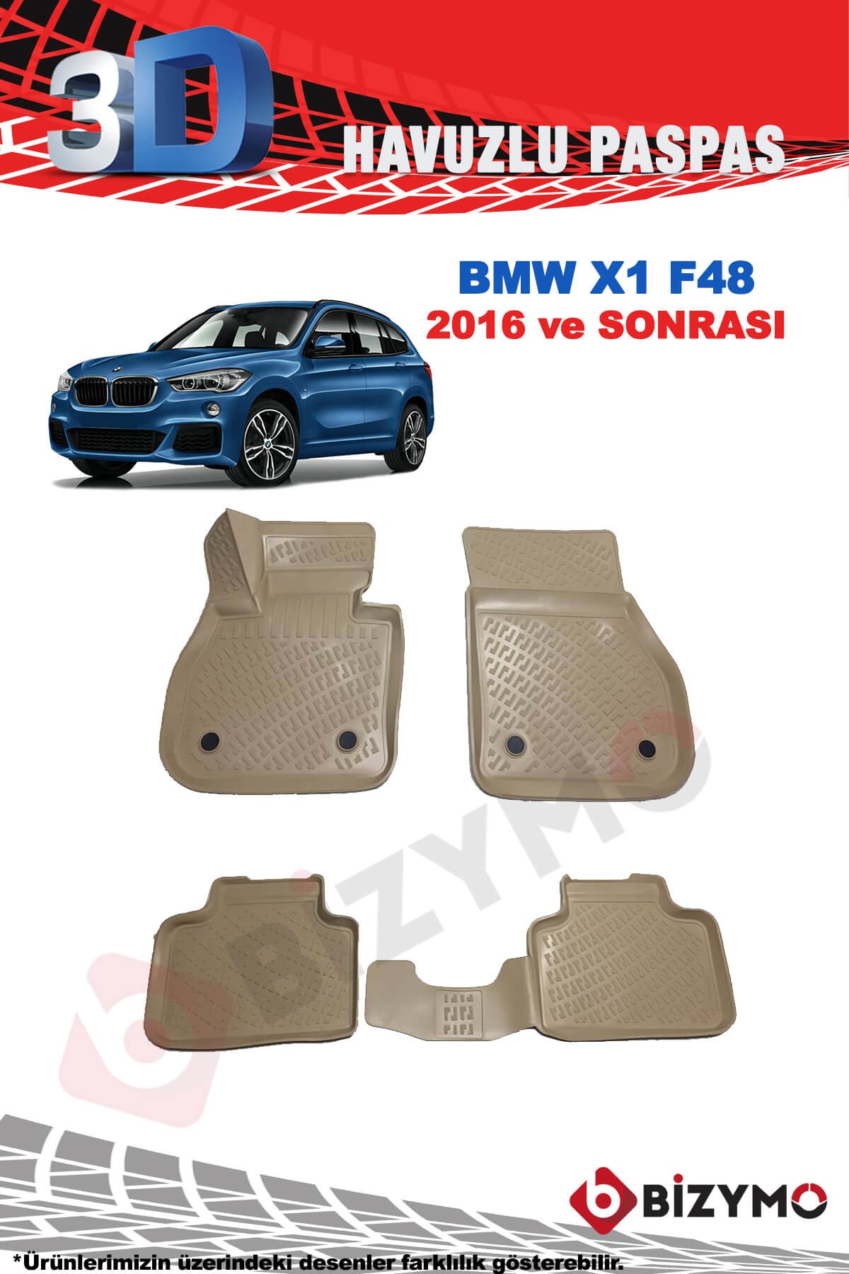 BMW X1 2016 ve Sonrası Bej 3D Havuzlu Paspas Takımı Bizymo