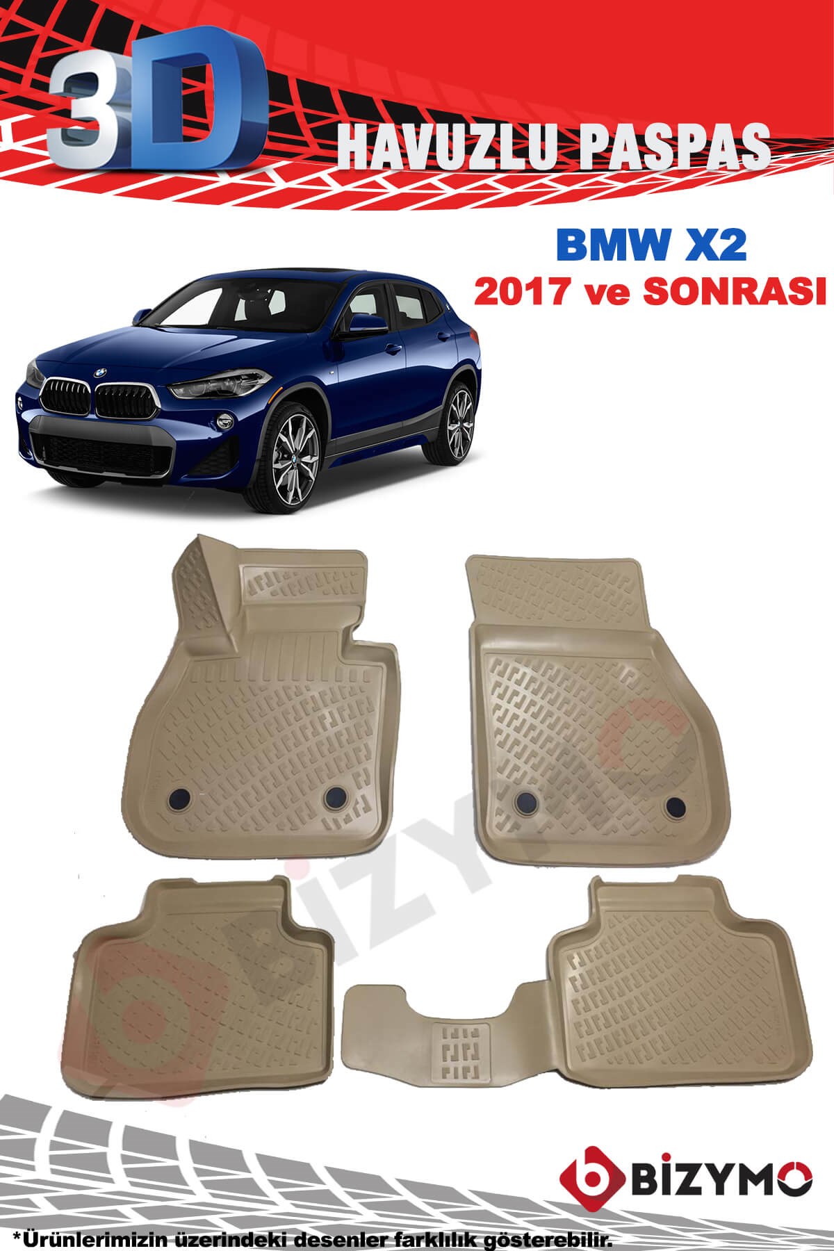 BMW X2 2017 ve Sonrası Bej 3D Havuzlu Paspas Takımı Bizymo