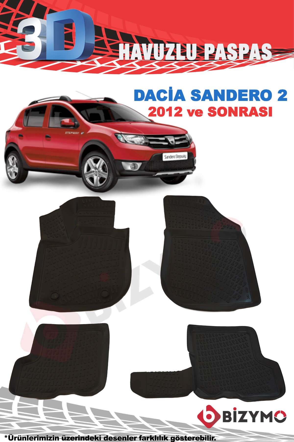 Dacia Sandero 2 Stepway 2012+ 3D Havuzlu Paspas Takımı Bizymo