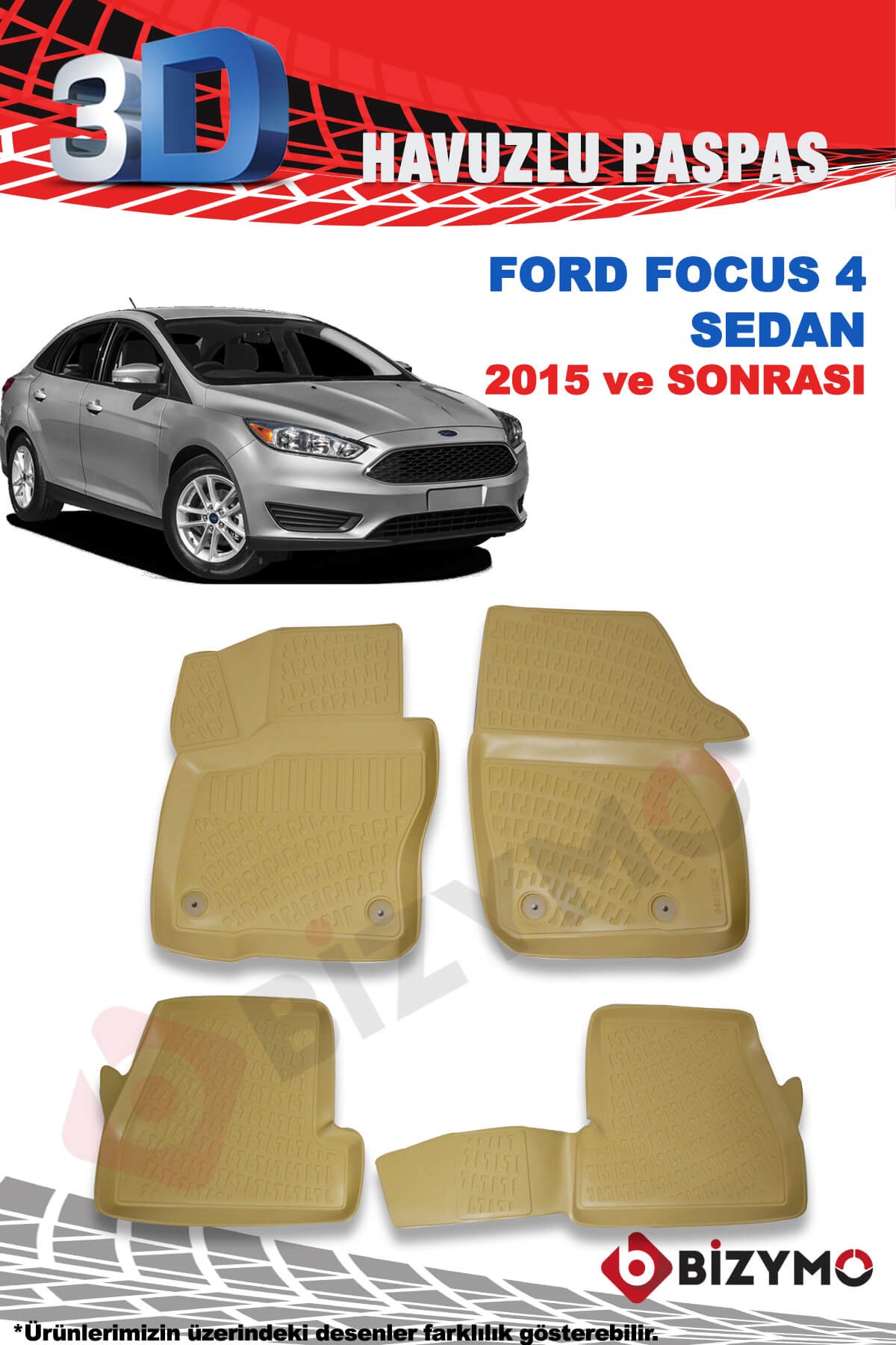 Ford Focus 4 Sedan 2015 ve Sonrası 3D Bej Paspas Takımı Bizymo