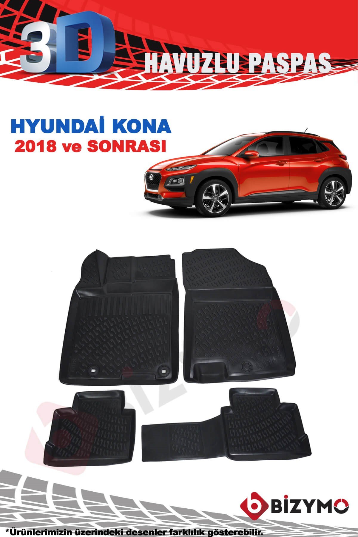 Hyundai Kona 2018 Ve Sonrası 3D Havuzlu Paspas Takımı Bizymo