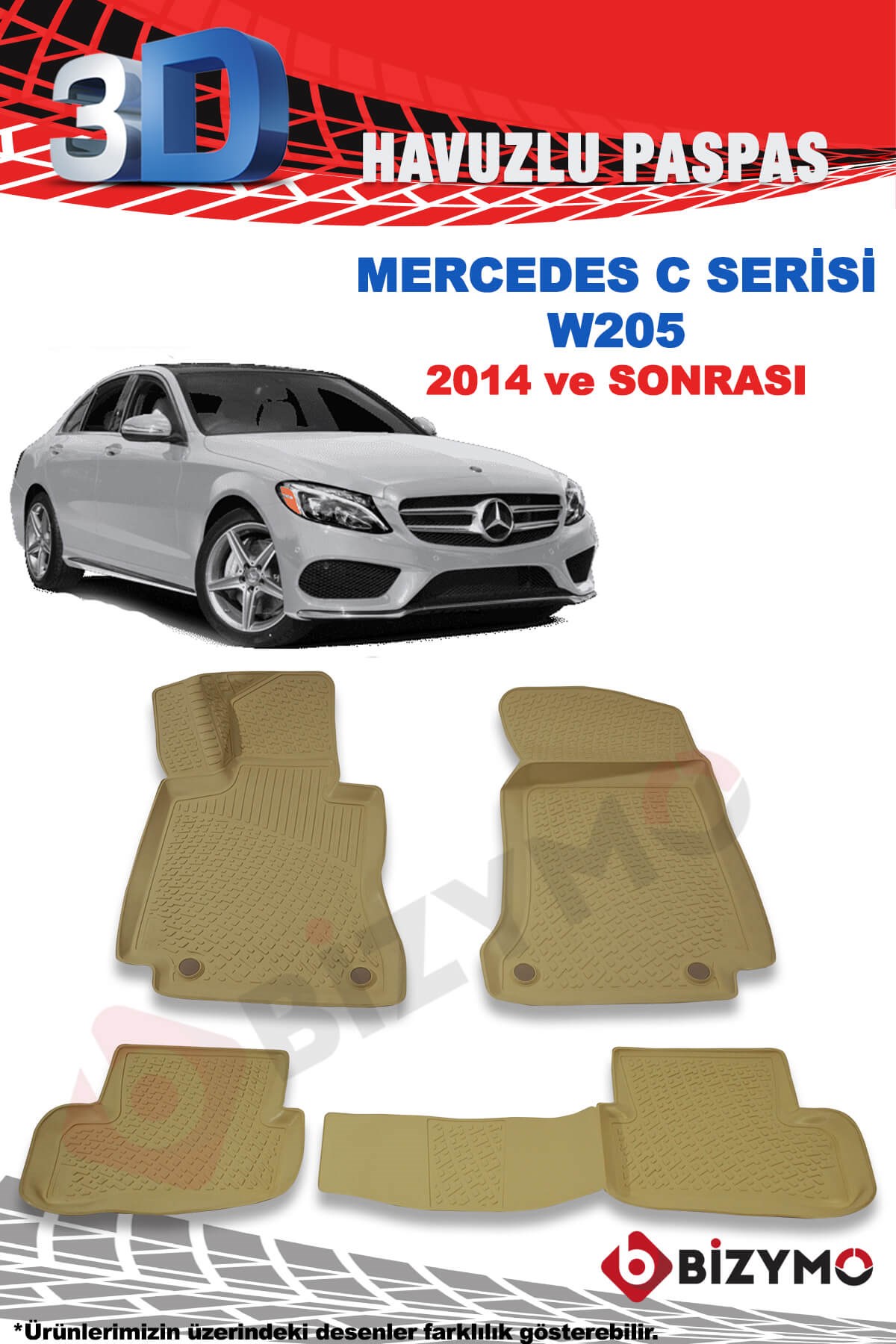 Mercedes C Serisi W205 2014 Ve Sonrası 3D Bej Paspas Takımı Bizymo