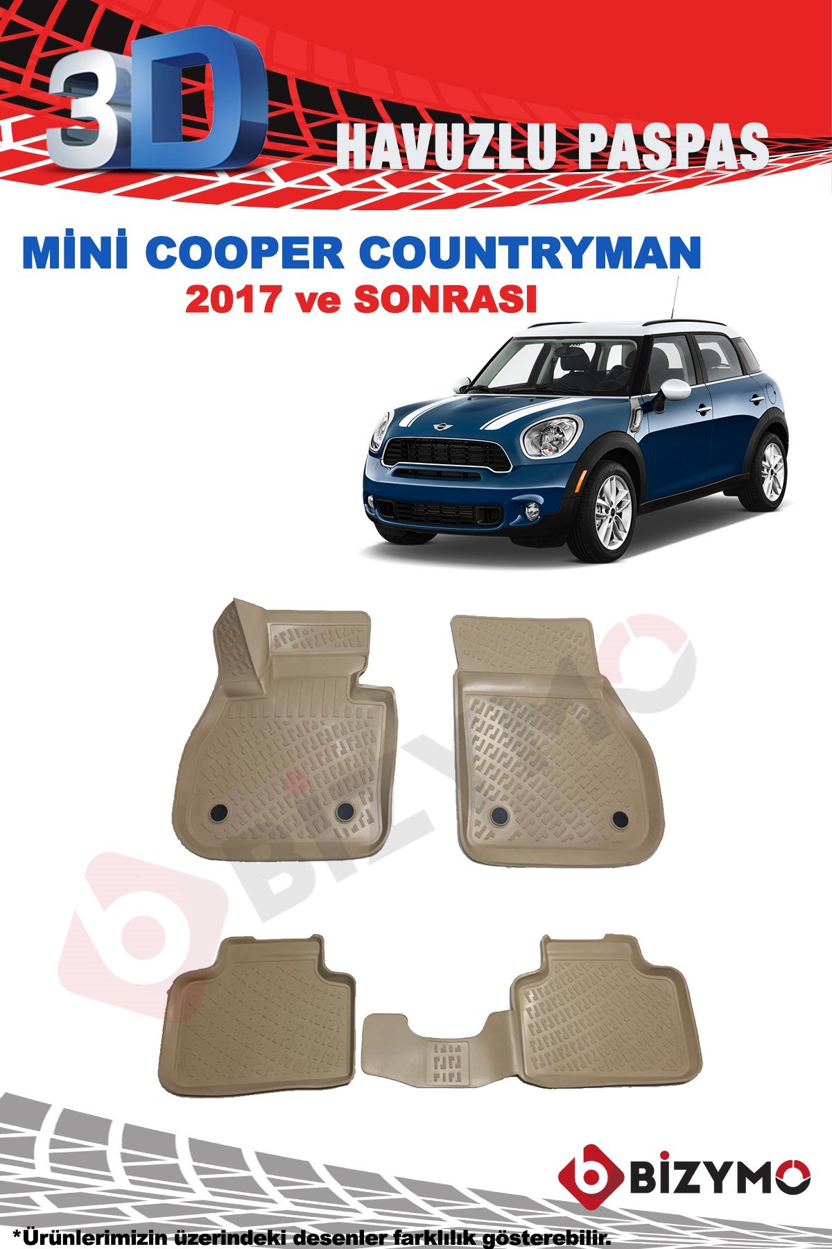 Mini Cooper Countryman 2017+ Bej 3D Havuzlu Paspas Takımı Bizymo