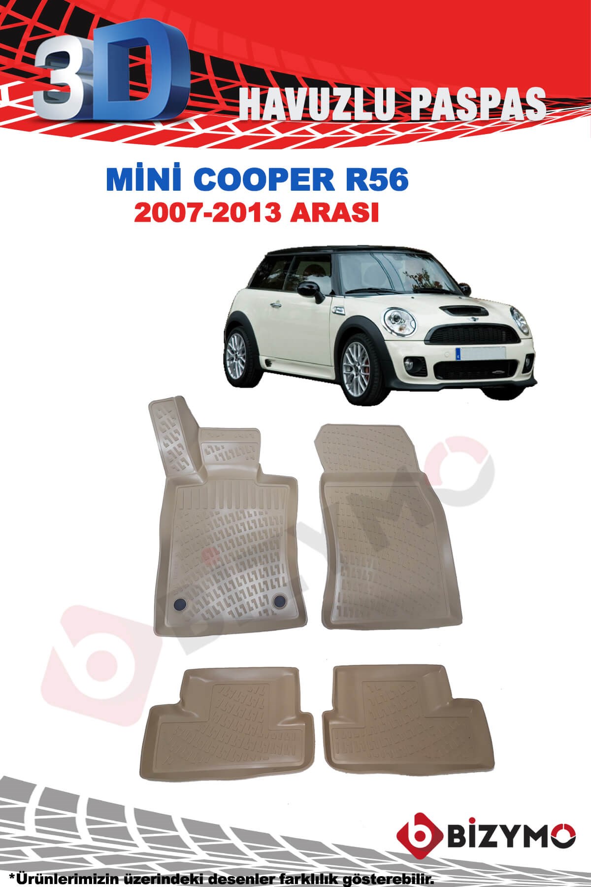 Mini Cooper R56 2007-2013 Bej 3D Havuzlu Paspas Takımı Bizymo