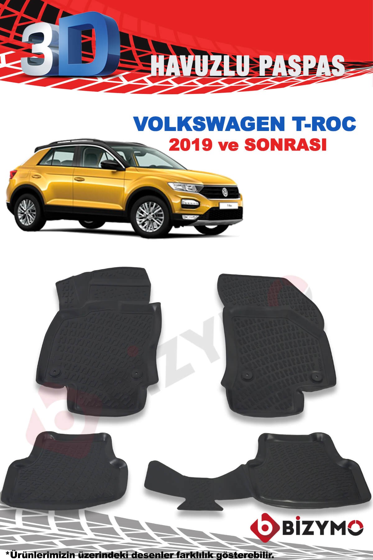 Volkswagen T-Roc 2019 ve Sonrası 3D Havuzlu Paspas Takımı Bizymo