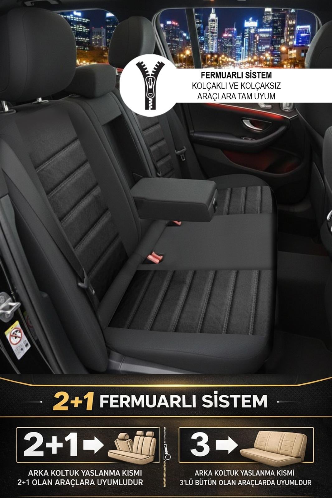 Alcantara Lüks Üniversal Siyah Oto Koltuk Kılıfı - 5 Kotuk Tam Set