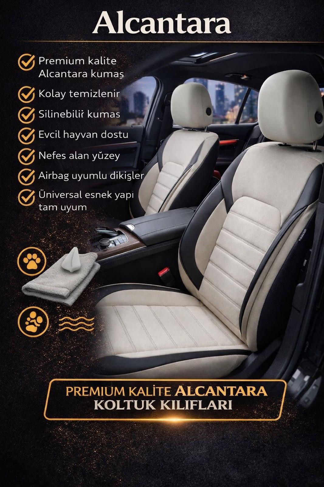 Alcantara Serisi Lüks Üniversal Bej Oto Koltuk Kılıfı - 5 Kotuk Tam Set