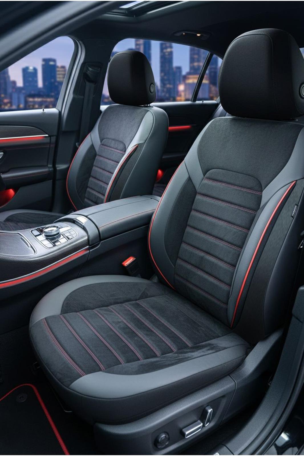 Alcantara Serisi Lüks Üniversal Kırmızı Oto Koltuk Kılıfı - 5 Kotuk Tam Set