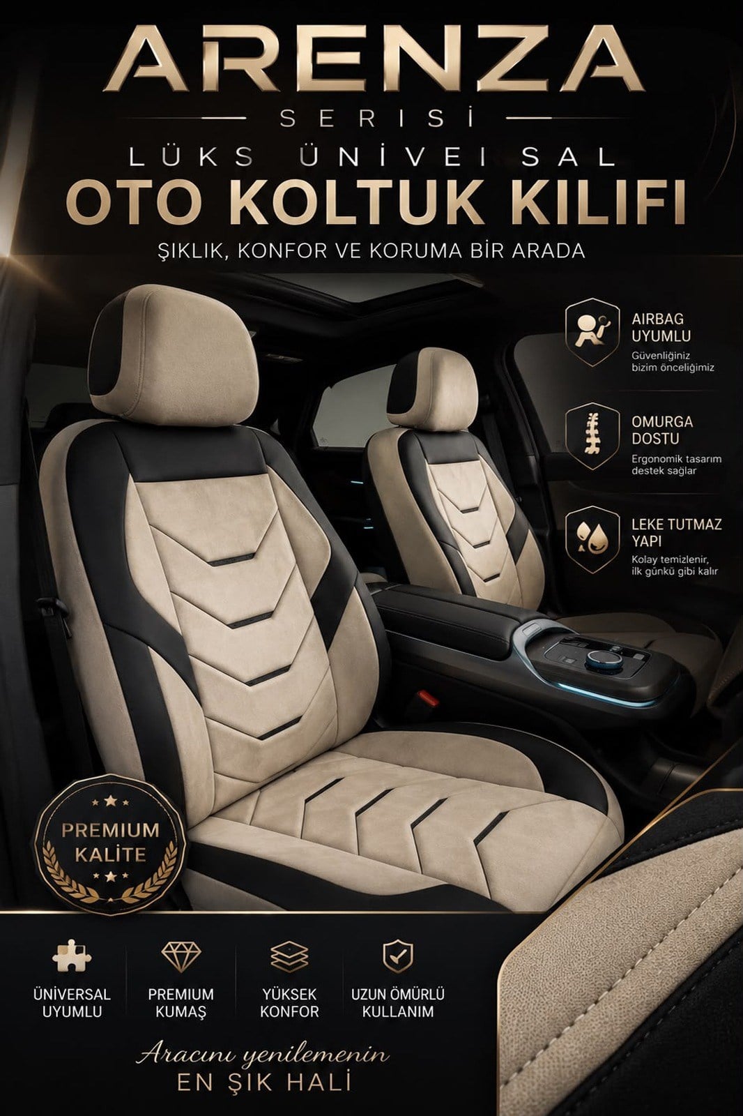 Arenza Serisi Lüks Bej Üniversal Oto Koltuk Kılıfı - 5 Koltuk Tam Set