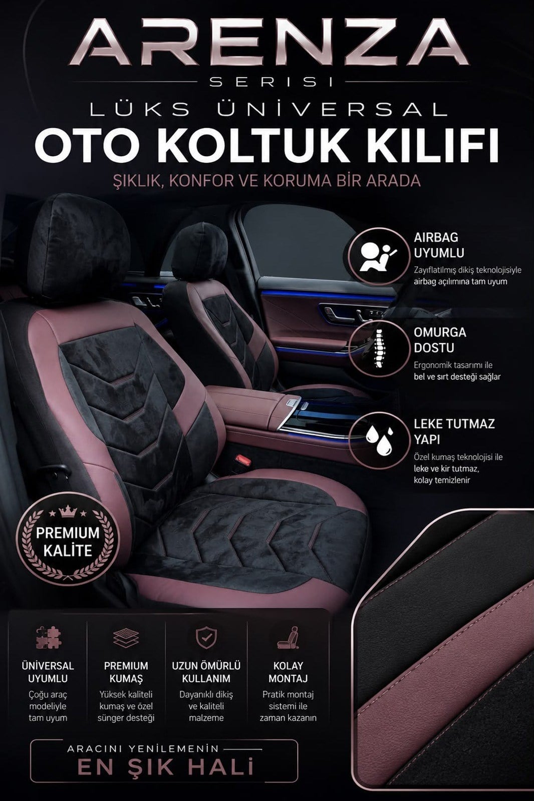 Arenza Serisi Lüks Bordo Üniversal Oto Koltuk Kılıfı - 5 Koltuk Tam Set