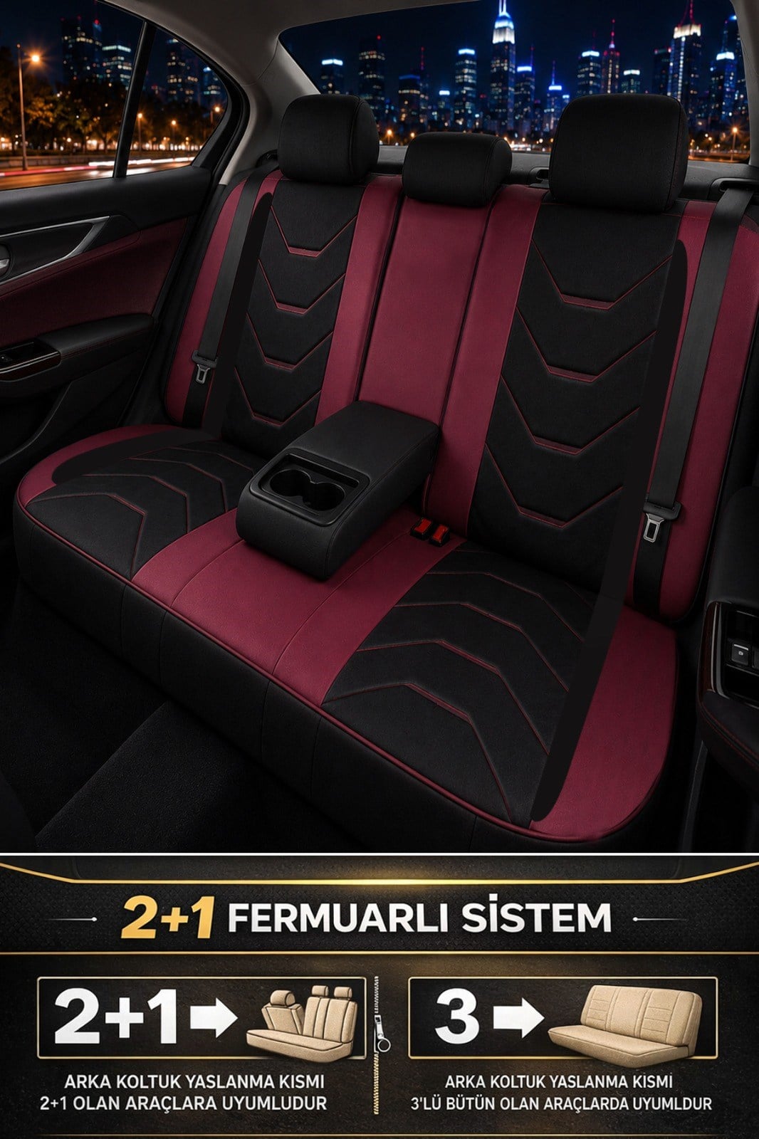 Arenza Serisi Lüks Bordo Üniversal Oto Koltuk Kılıfı - 5 Koltuk Tam Set