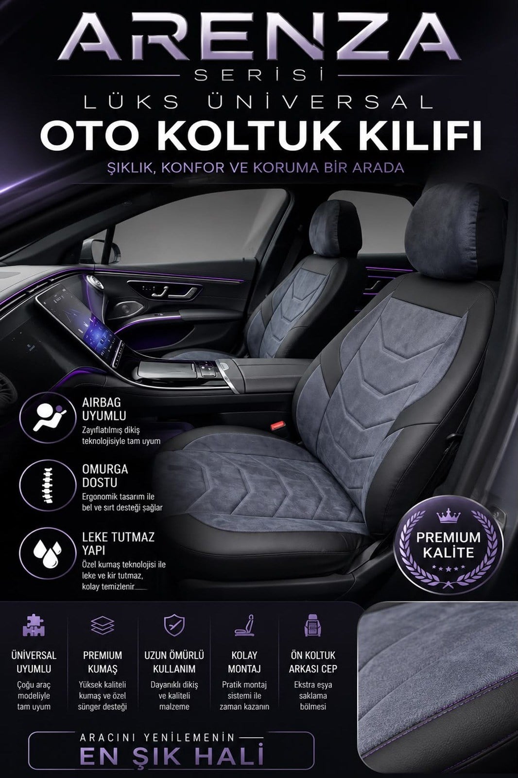 Arenza Serisi Lüks Füme Üniversal Oto Koltuk Kılıfı - 5 Koltuk Tam Set