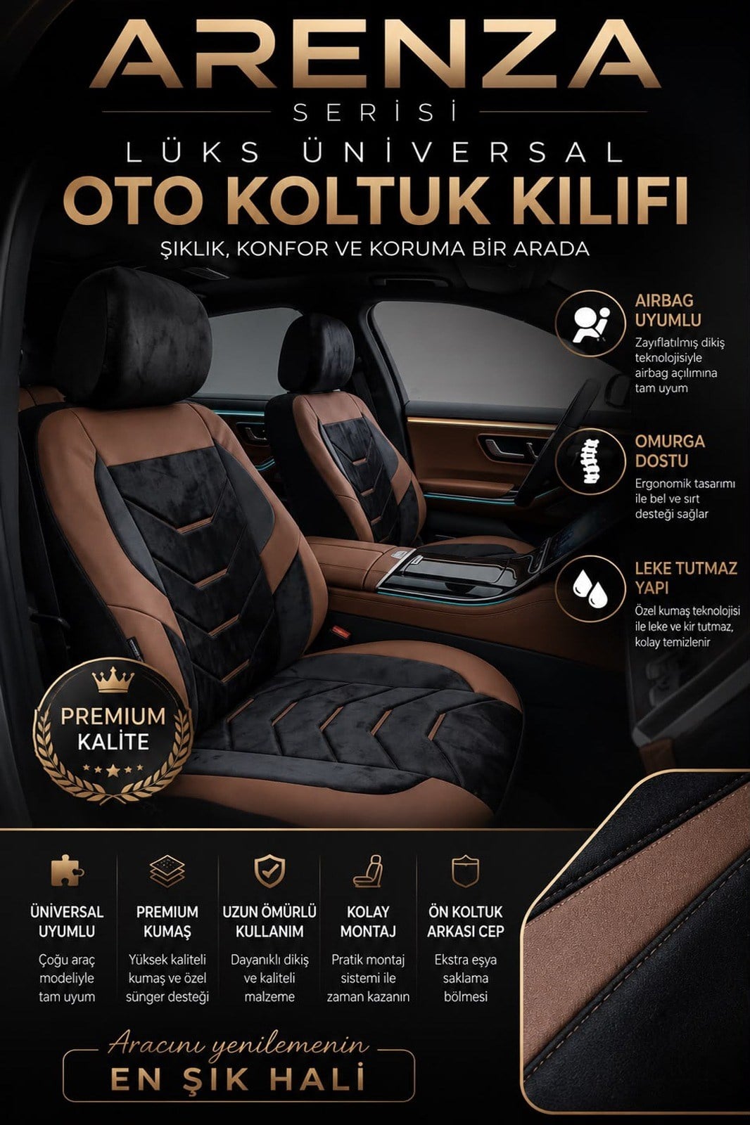 Arenza Serisi Lüks Kahve Üniversal Oto Koltuk Kılıfı - 5 Koltuk Tam Set
