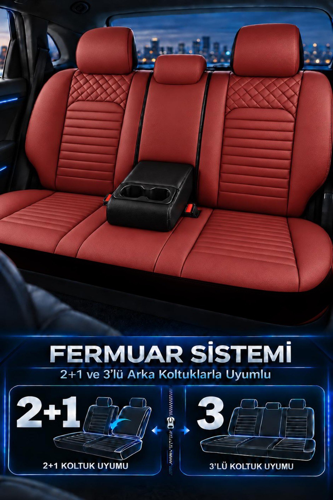 İstanbul Serisi Kırmızı Deri Üniversal Oto Koltuk Kılıfı - 5 Koltuk Tam Set