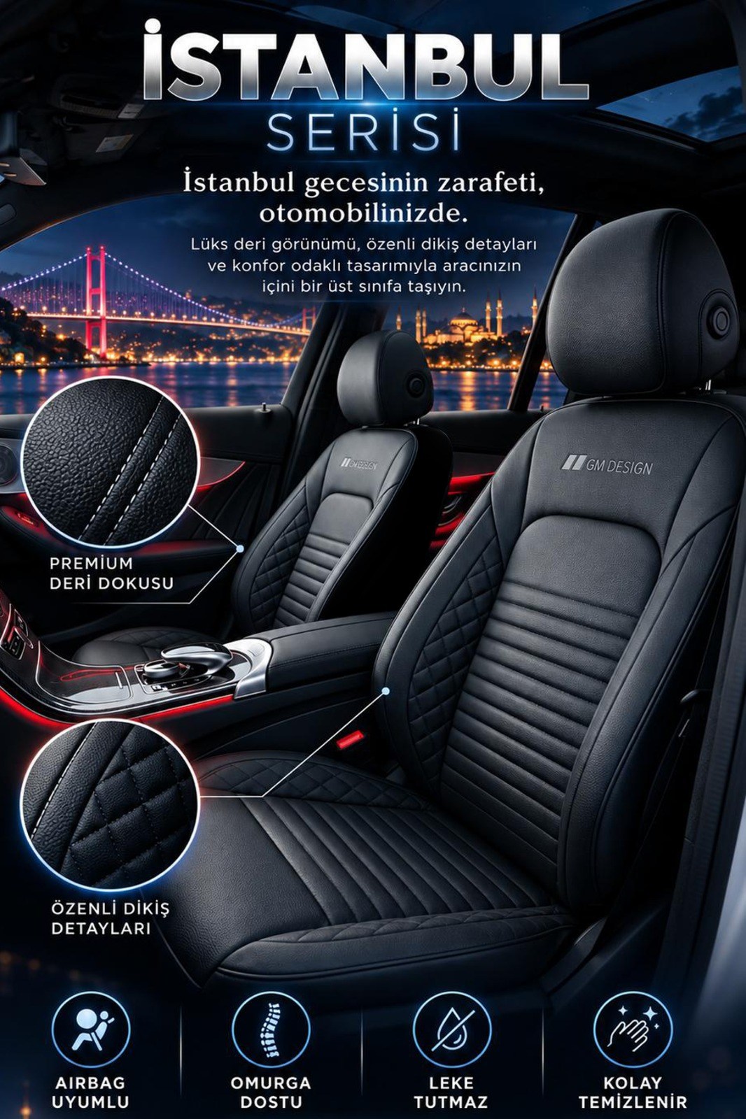 İstanbul Serisi Siyah Deri Üniversal Oto Koltuk Kılıfı - 5 Koltuk Tam Set