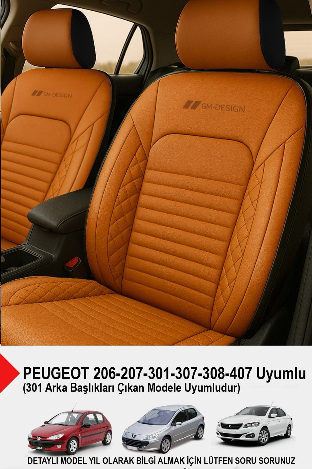 İstanbul Serisi Taba Deri Oto Koltuk Kılıfı (PEUGEOT 206-207-208-306-307-407- Uyumlu)