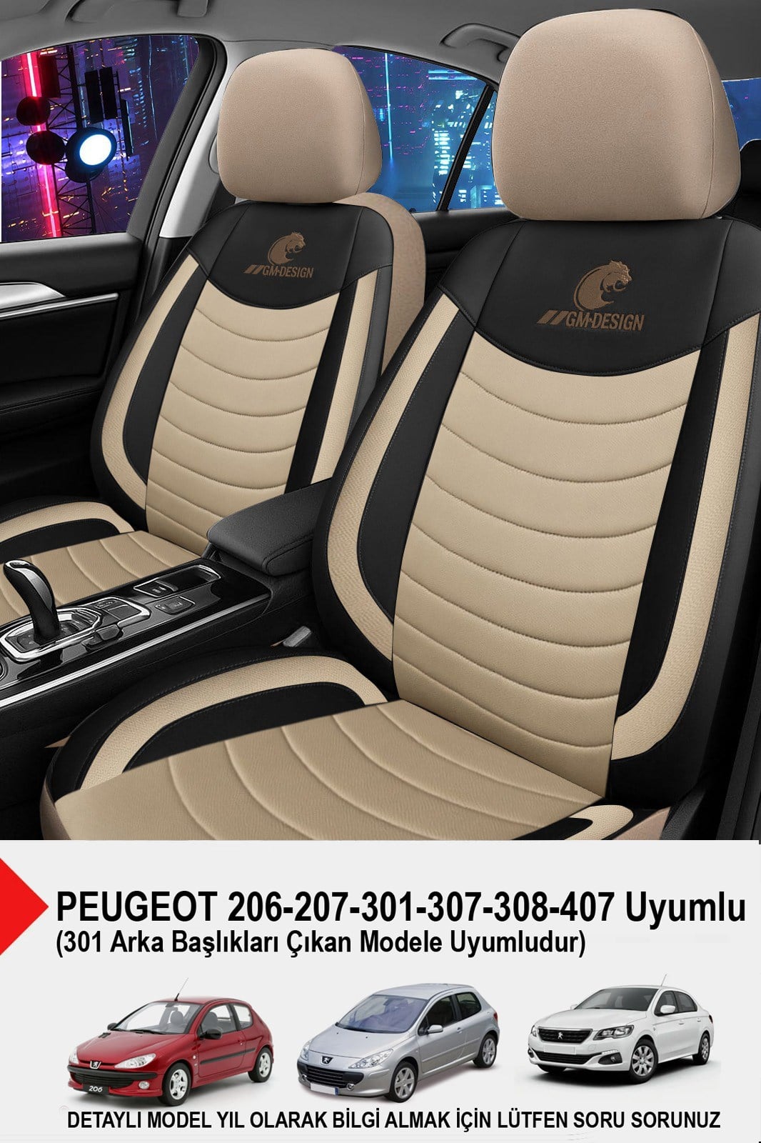 Panther Serisi Bej Keten Kumaş Oto Koltuk Kılıfı  (Peugeot 206-207-208-306-307-407- Uyumlu)