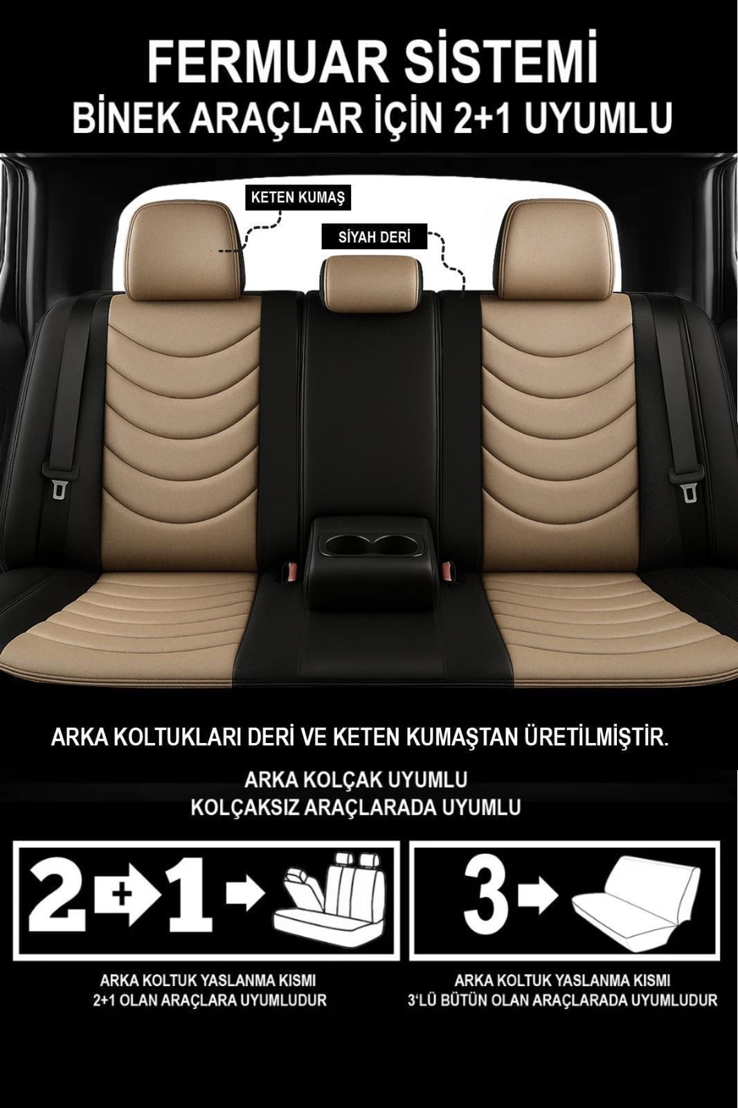 Panther Serisi Bej Keten Kumaş Üniversal Oto Koltuk Kılıfı - 5 Koltuk Tam Set