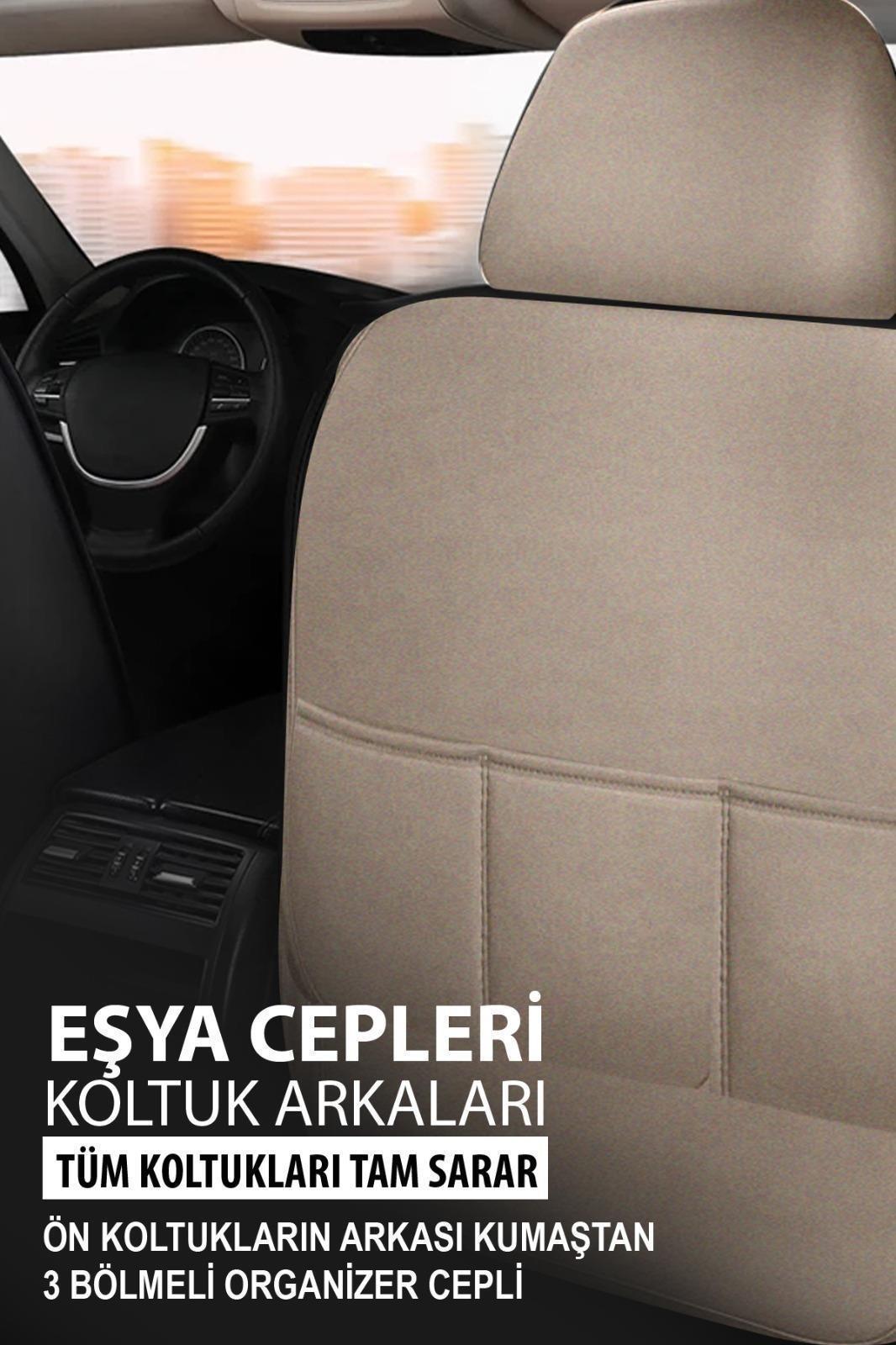 Panther Serisi Bej Keten Kumaş Üniversal Oto Koltuk Kılıfı - 5 Koltuk Tam Set