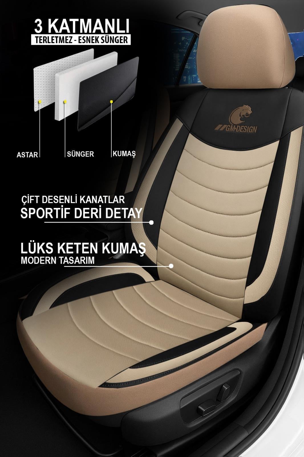 Panther Serisi Bej Keten Kumaş Üniversal Oto Koltuk Kılıfı - 5 Koltuk Tam Set