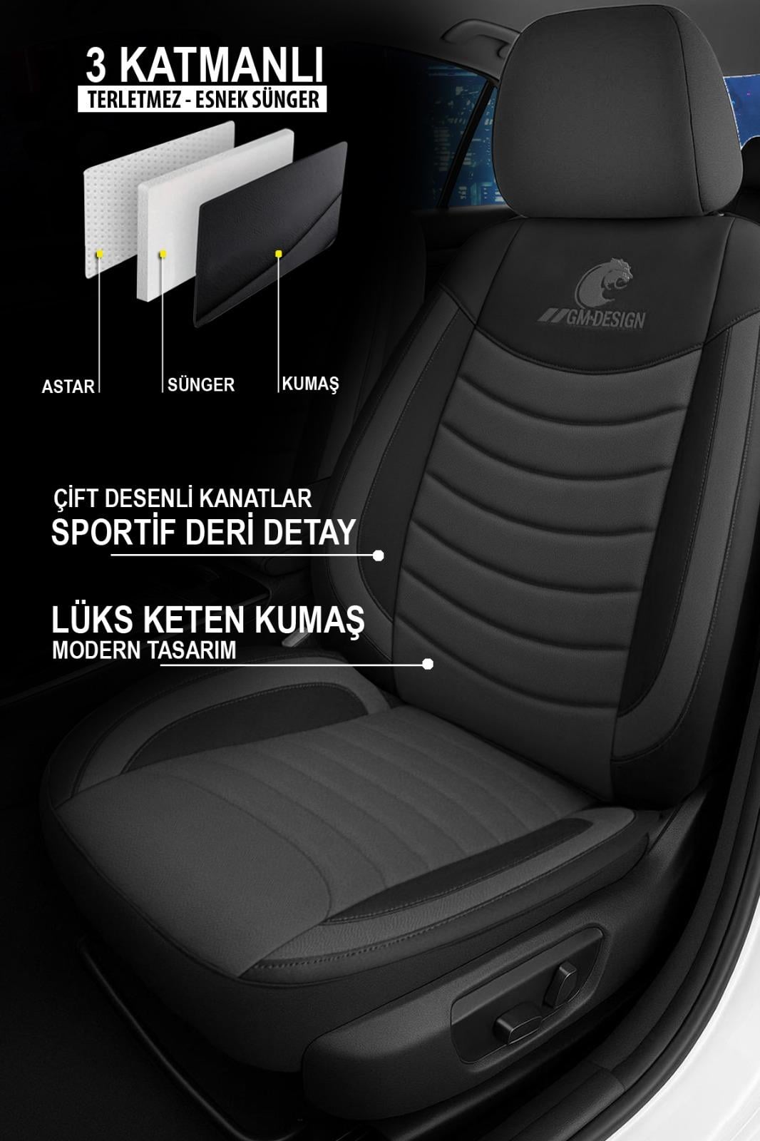 Panther Serisi Füme Keten Kumaş Üniversal Oto Koltuk Kılıfı - 5 Koltuk Tam Set