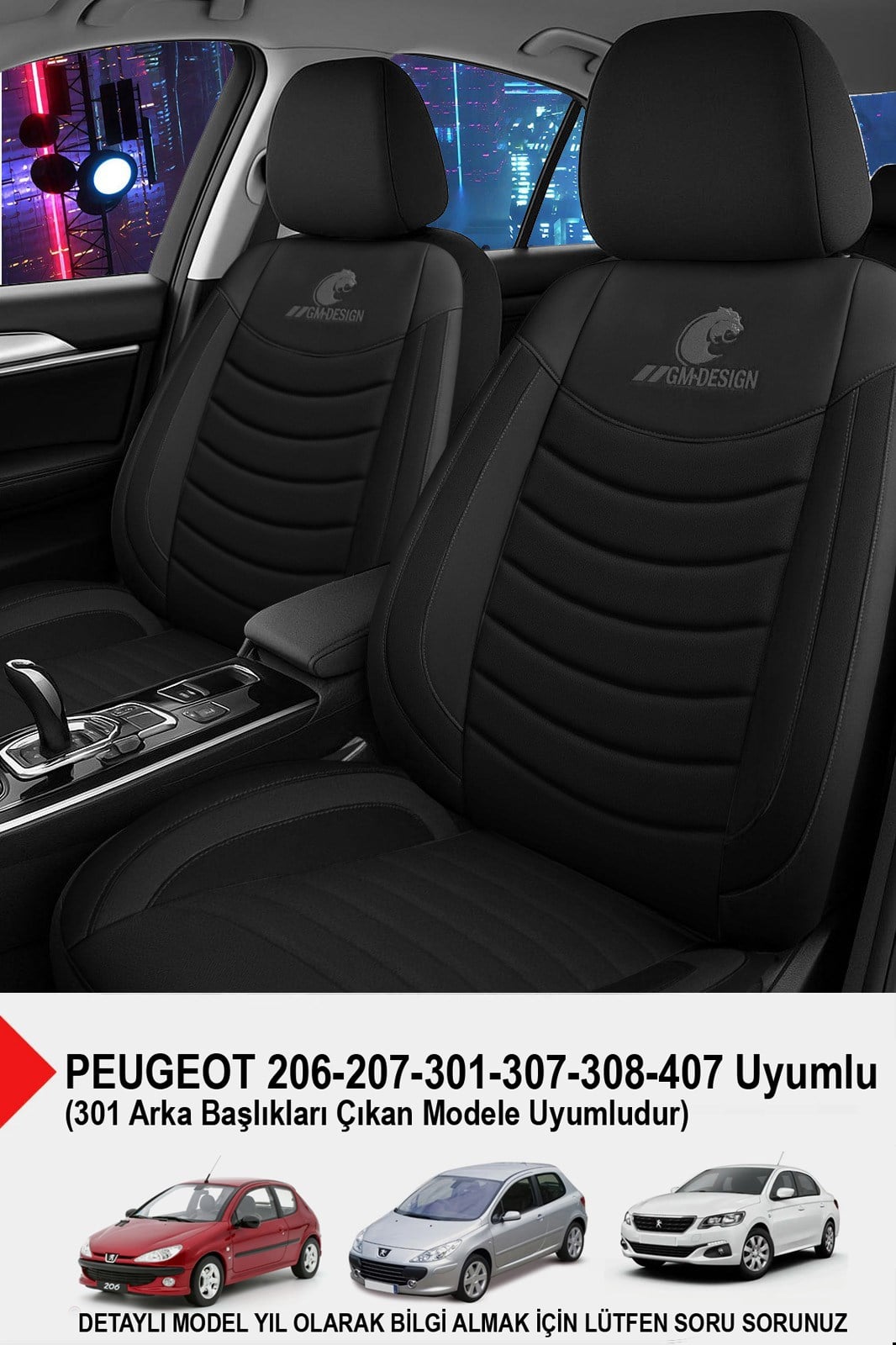 Panther Serisi Siyah Keten Kumaş Oto Koltuk Kılıfı (Peugeot 206-207-208-306-307-407- Uyumlu)