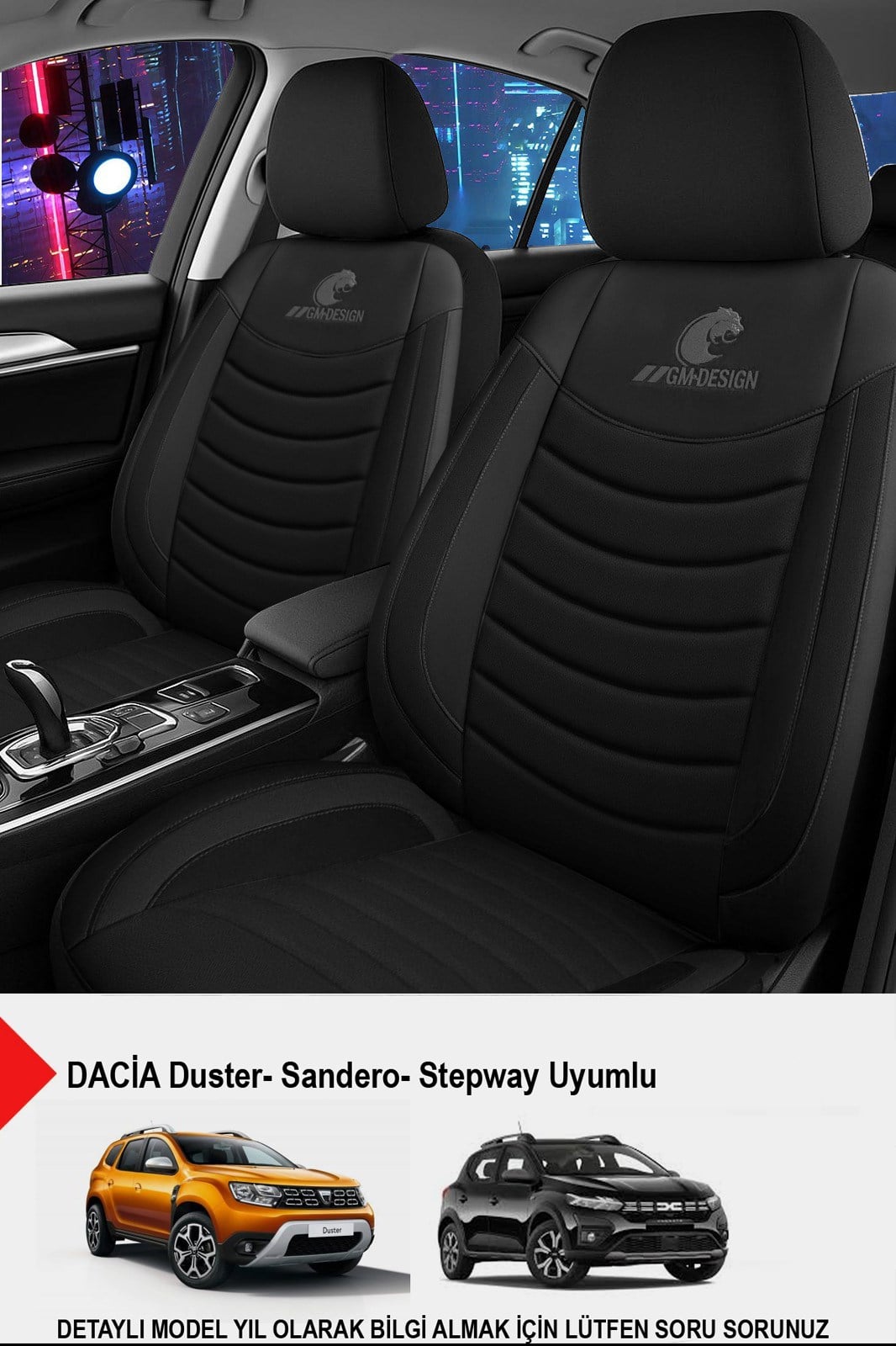 Panther Serisi Siyah Keten Kumaş Oto Koltuk Kılıfı (Dacia Sandero-Stepway-Duster Uyumlu)