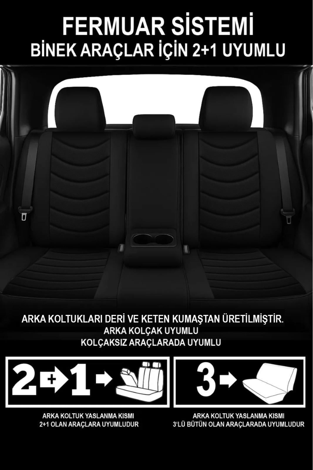 Panther Serisi Siyah Keten Kumaş Üniversal Oto Koltuk Kılıfı - 5 Koltuk Tam Set