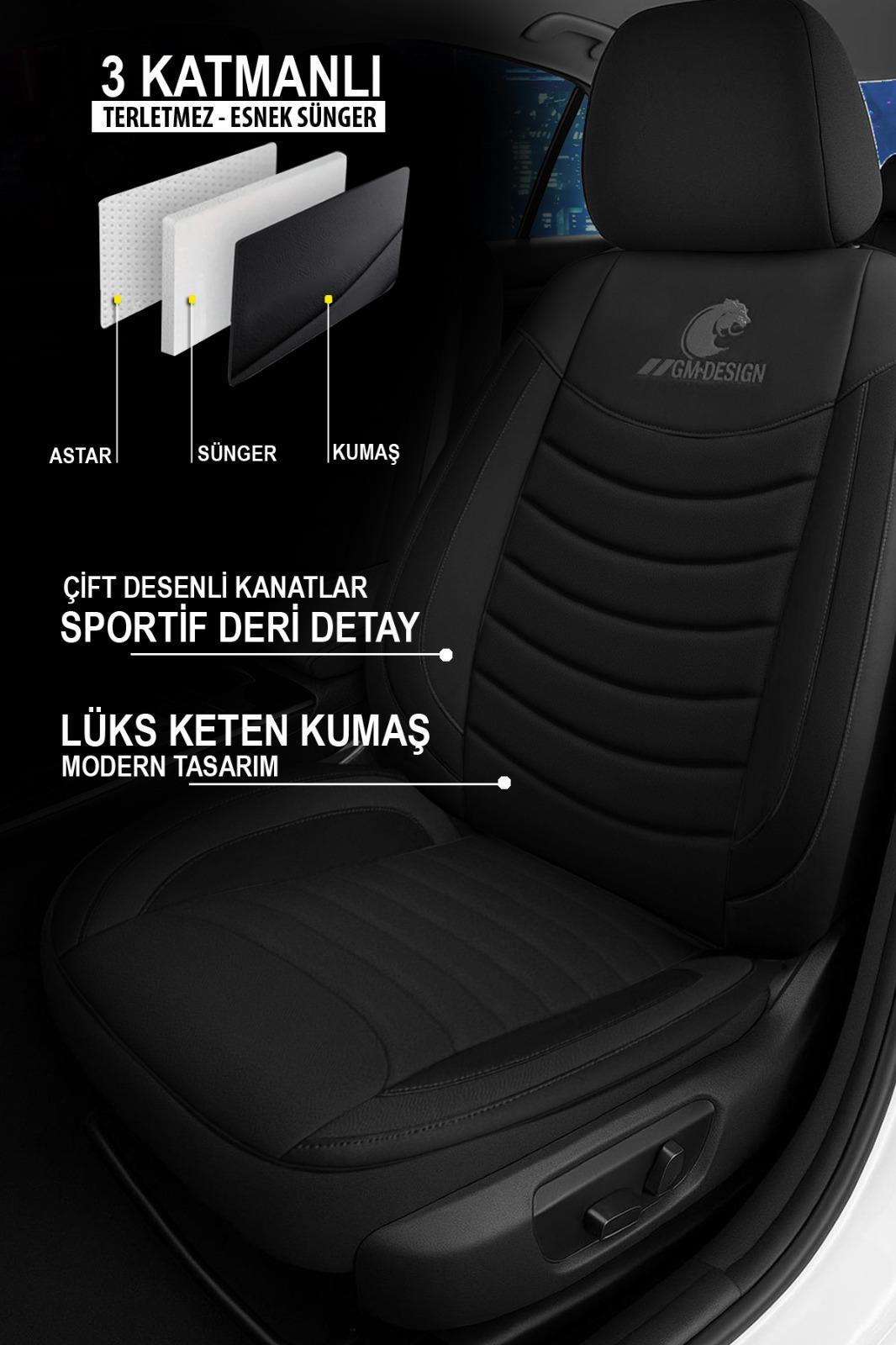 Panther Serisi Siyah Keten Kumaş Üniversal Oto Koltuk Kılıfı - 5 Koltuk Tam Set